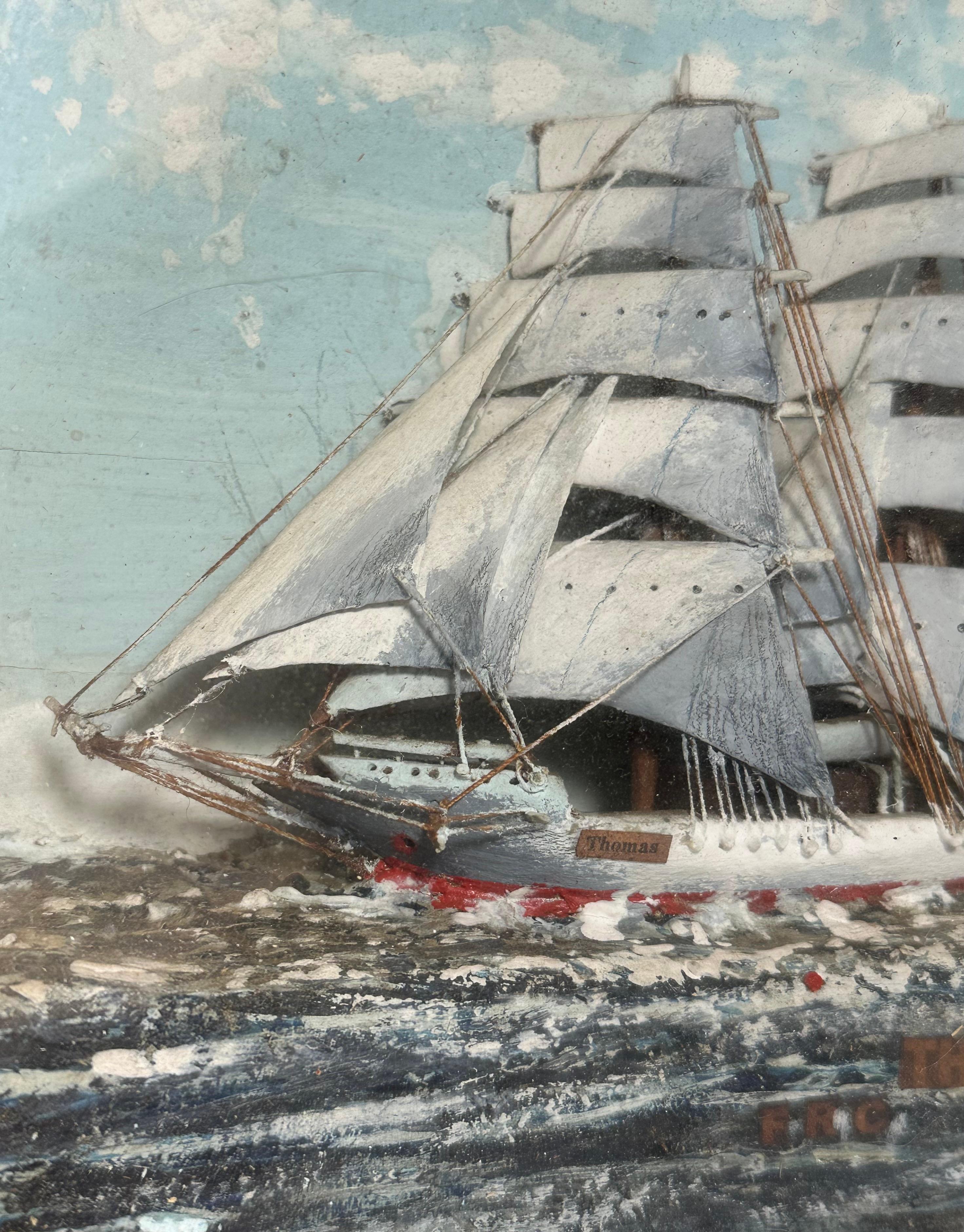 Nautical Folk Art Ship Diorama in Tramp Art Frame For Sale 3