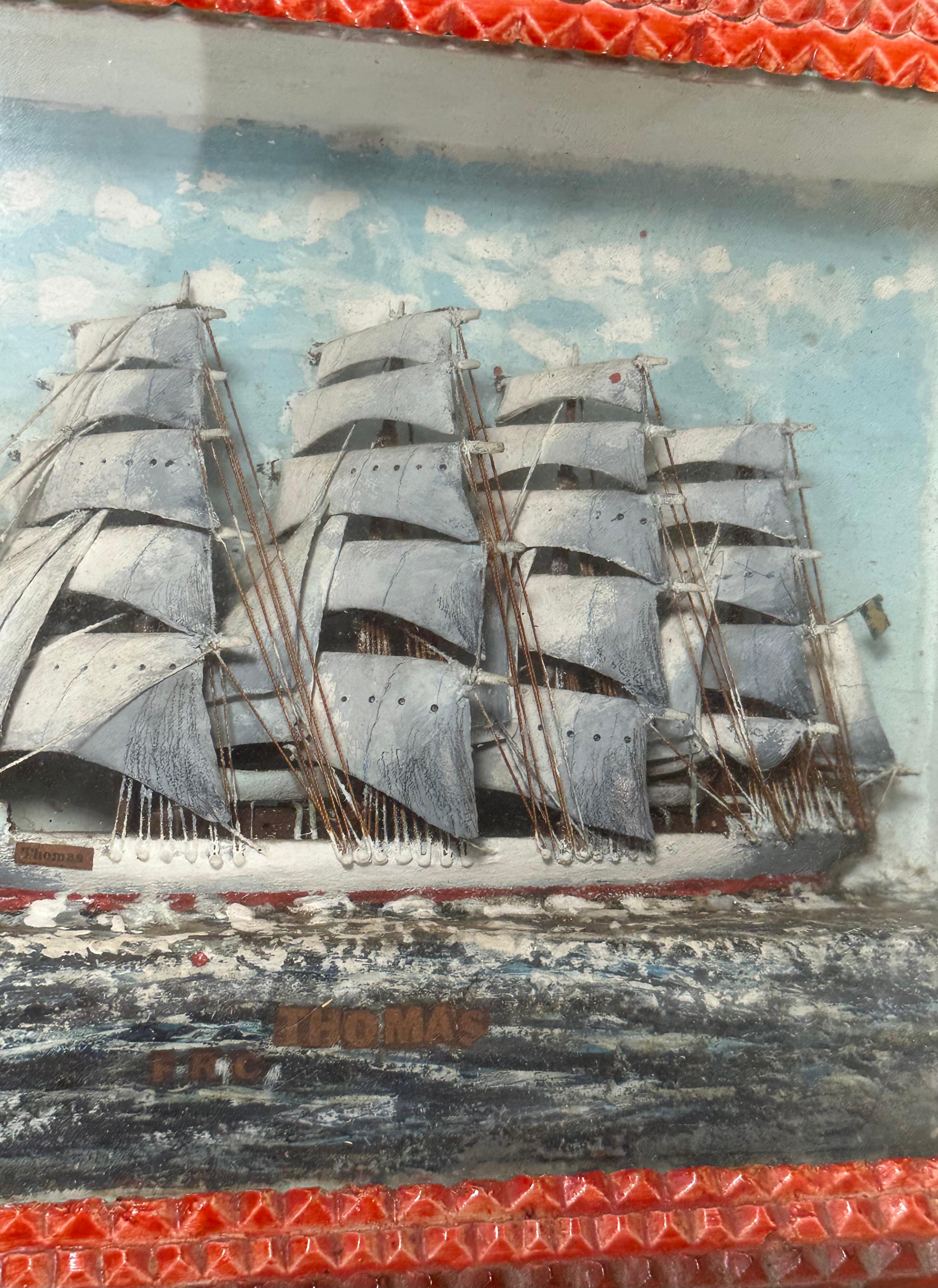 Nautical Folk Art Ship Diorama in Tramp Art Frame For Sale 4