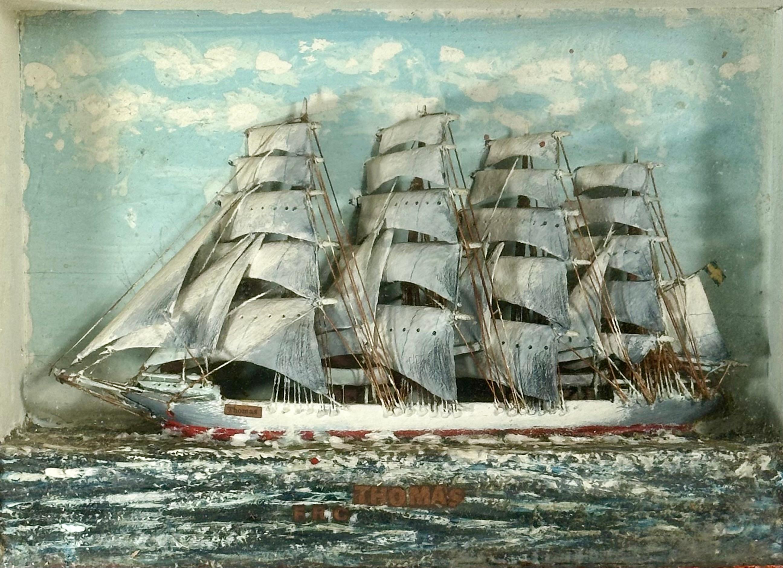 Nautical Folk Art Ship Diorama in Tramp Art Frame

Antique ship diorama with full rigged square sails. A waterline model sailing in painted putty seas. The four-mast rigger is intricately created in the early 20th century, has wooden sails and hand