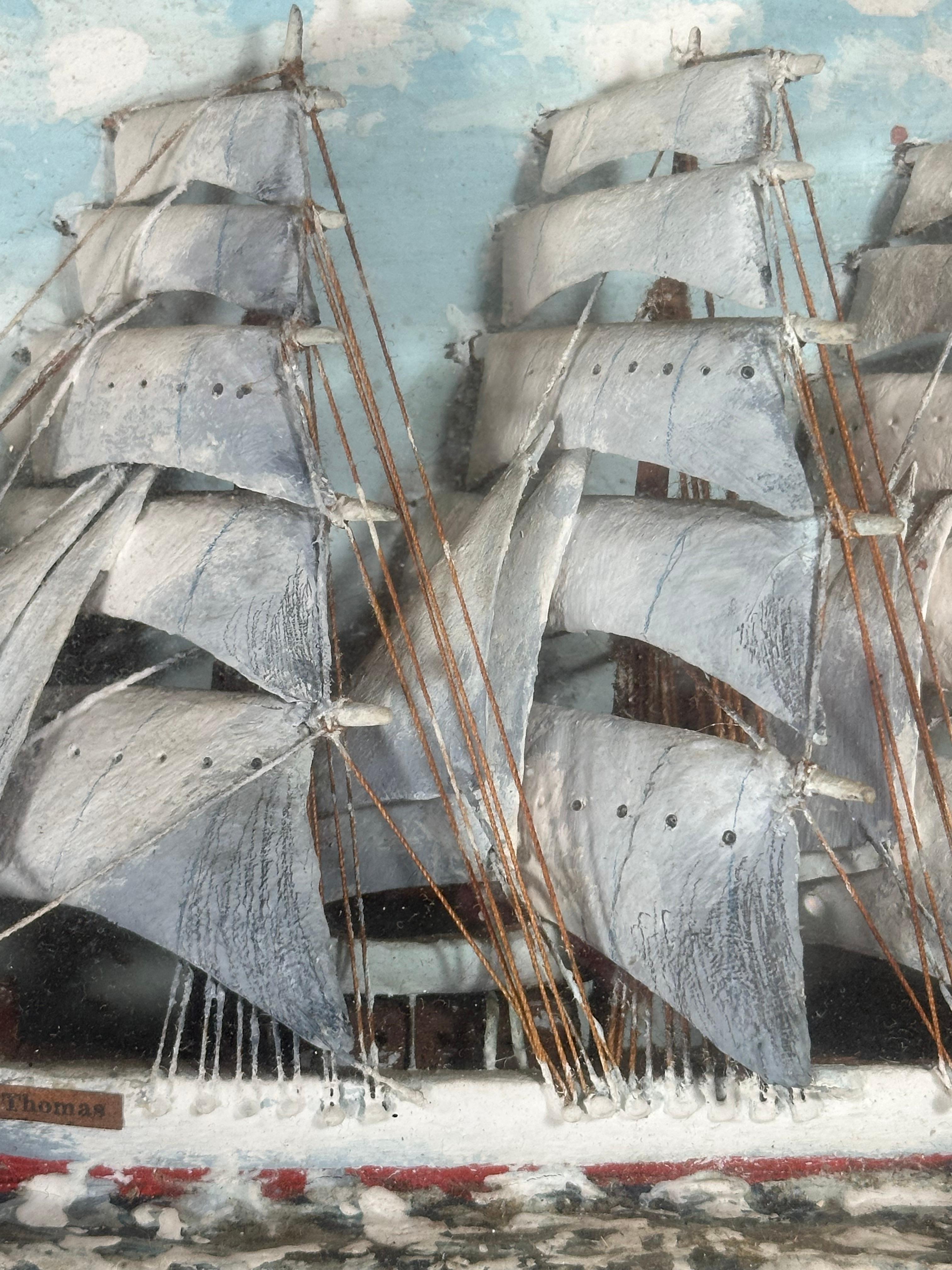 Unknown Nautical Folk Art Ship Diorama in Tramp Art Frame For Sale