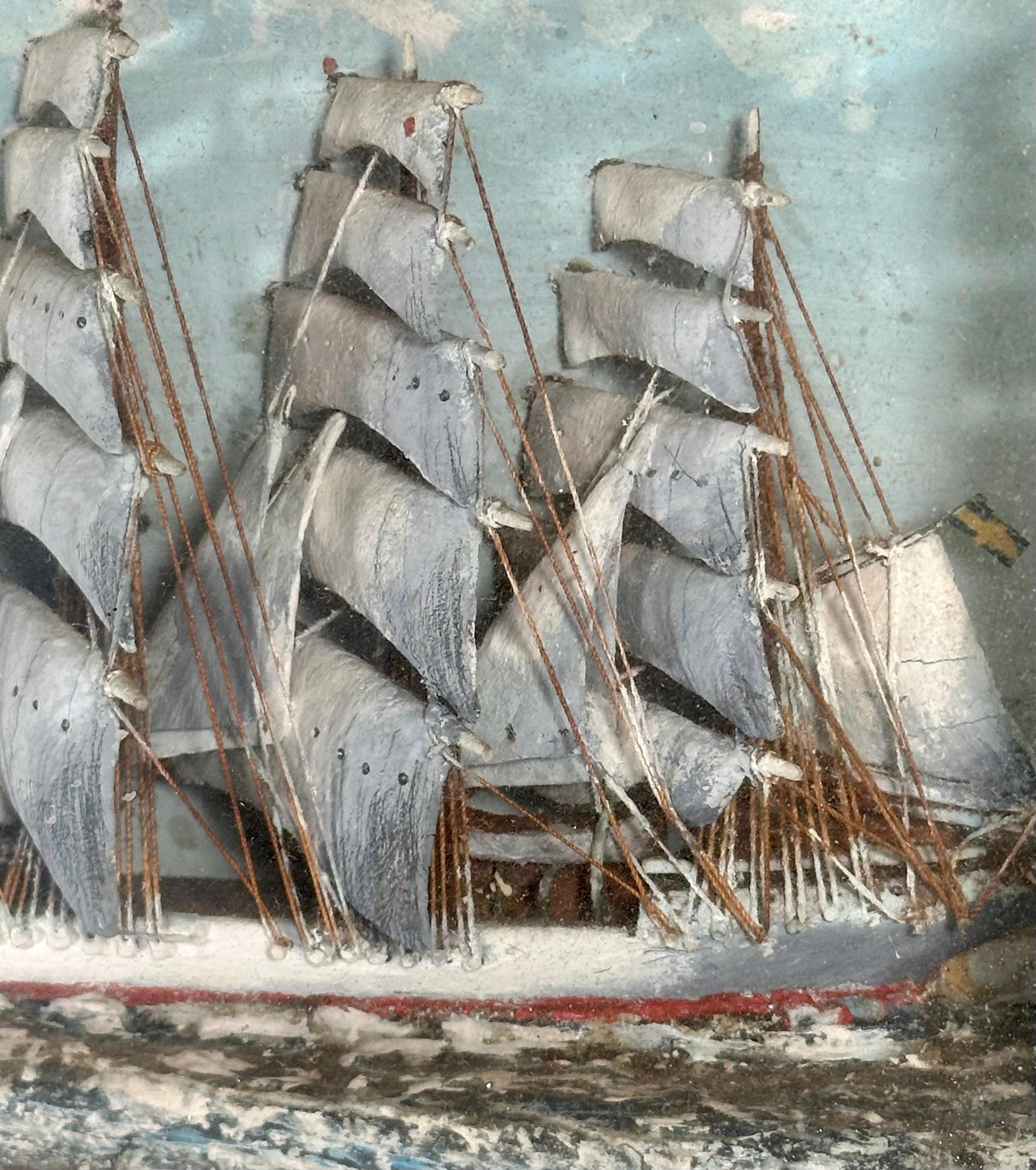 Wood Nautical Folk Art Ship Diorama in Tramp Art Frame For Sale