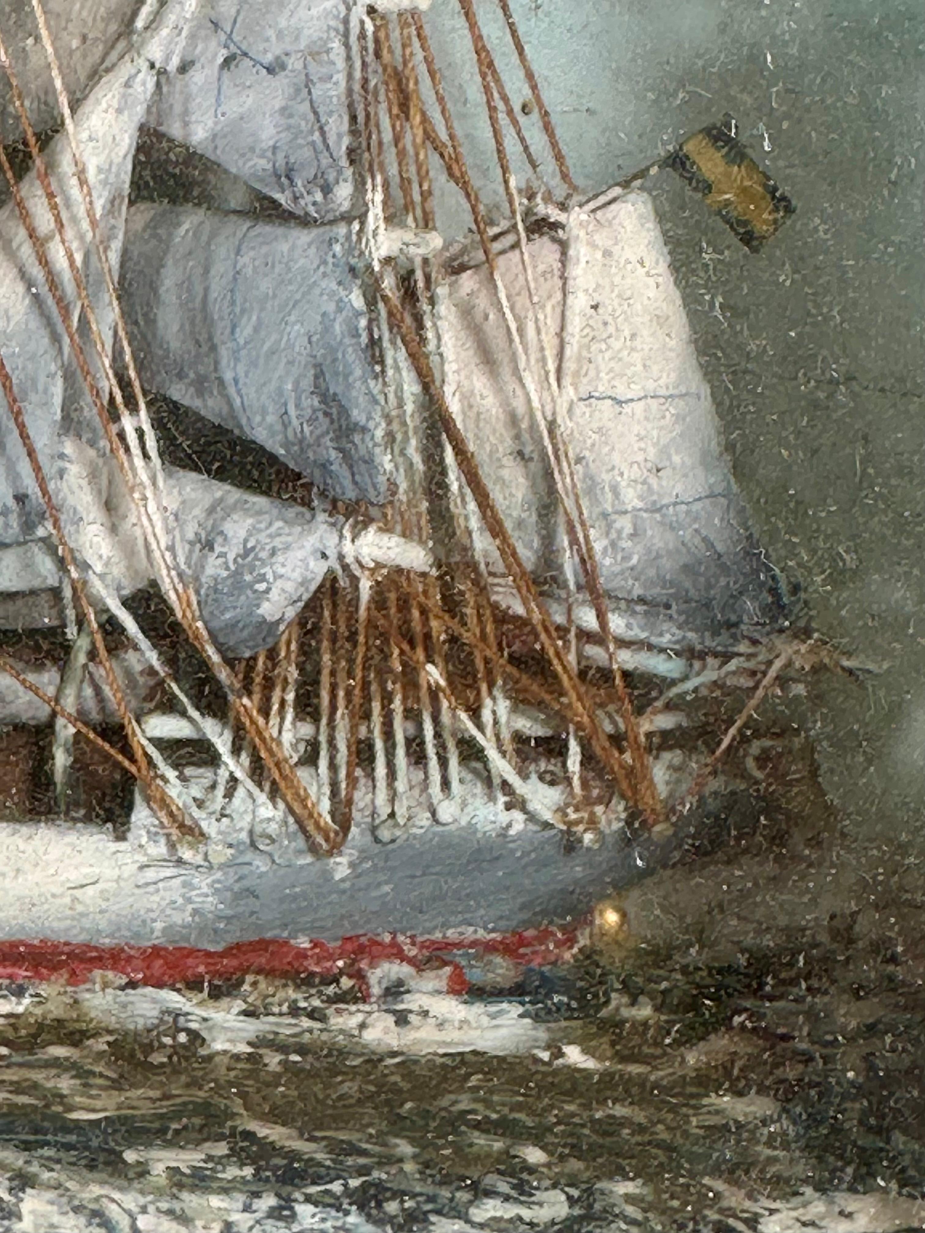 Nautical Folk Art Ship Diorama in Tramp Art Frame For Sale 1