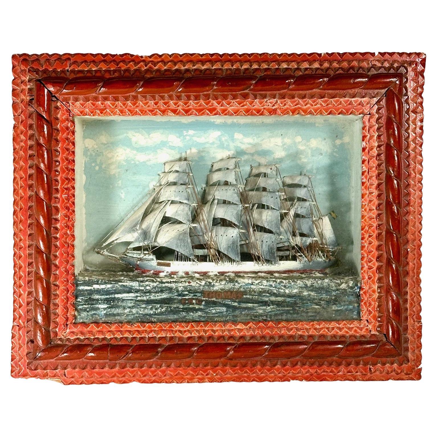 Diorama de bateau d'art populaire nautique dans un cadre Tramp Art