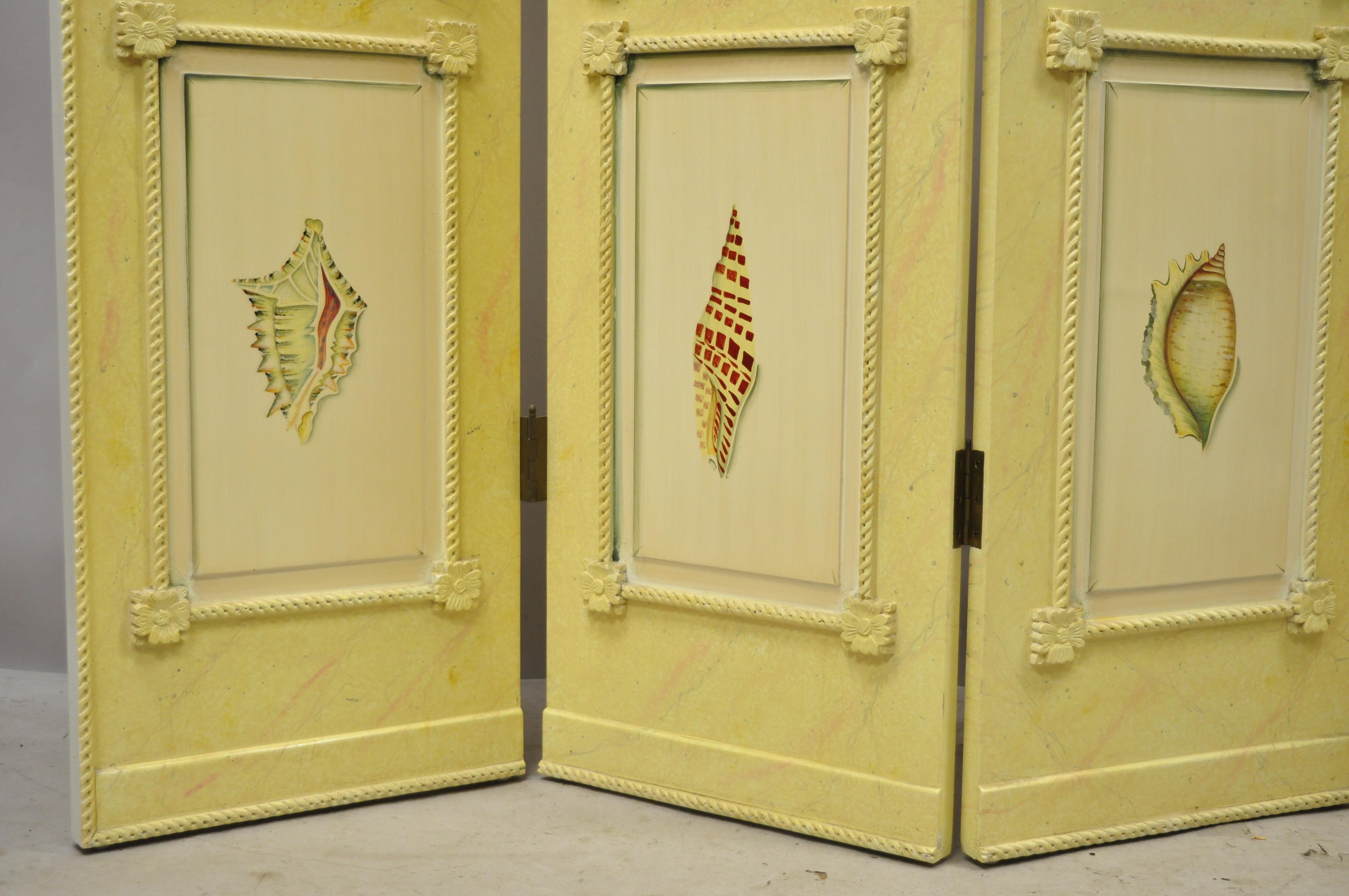 Nautical Four Panel Yellow Folding Screen Room Divider with Painted Conch Shells 3