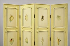 Nautical Four Panel Yellow Folding Screen Room Divider with Painted Conch Shells