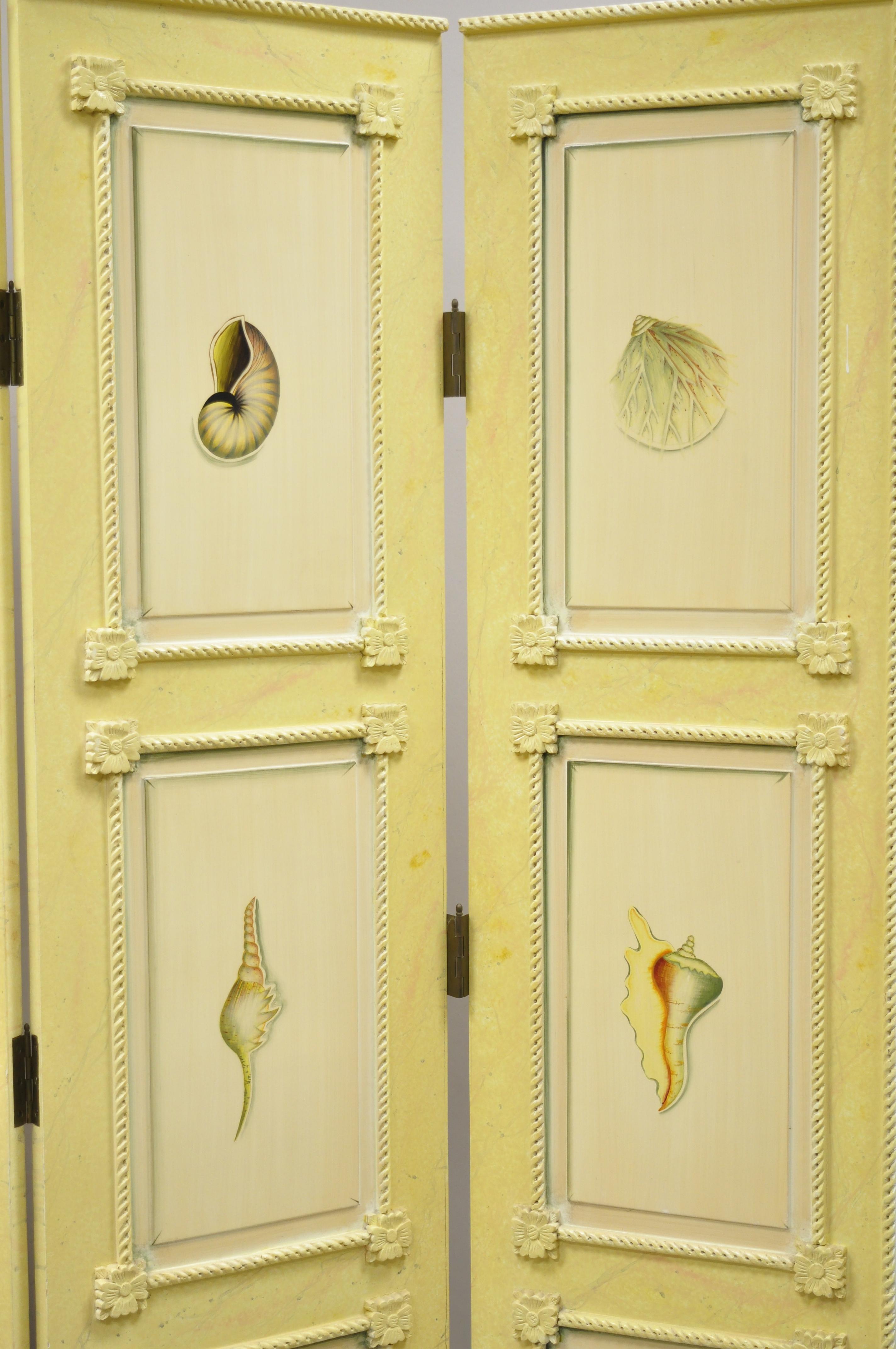 Hollywood Regency Nautical Four Panel Yellow Folding Screen Room Divider with Painted Conch Shells