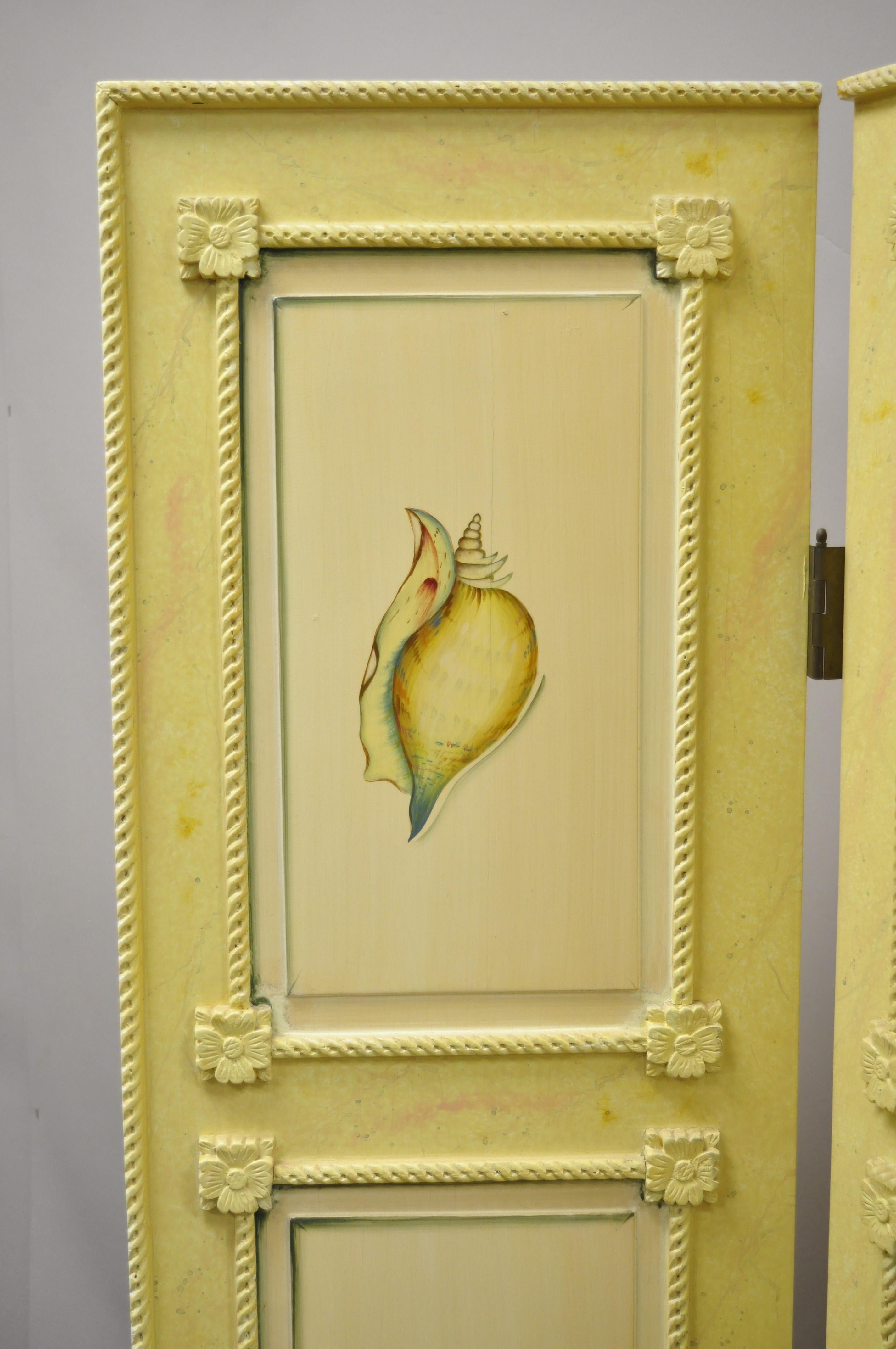 Hollywood Regency Nautical Four Panel Yellow Folding Screen Room Divider with Painted Conch Shells