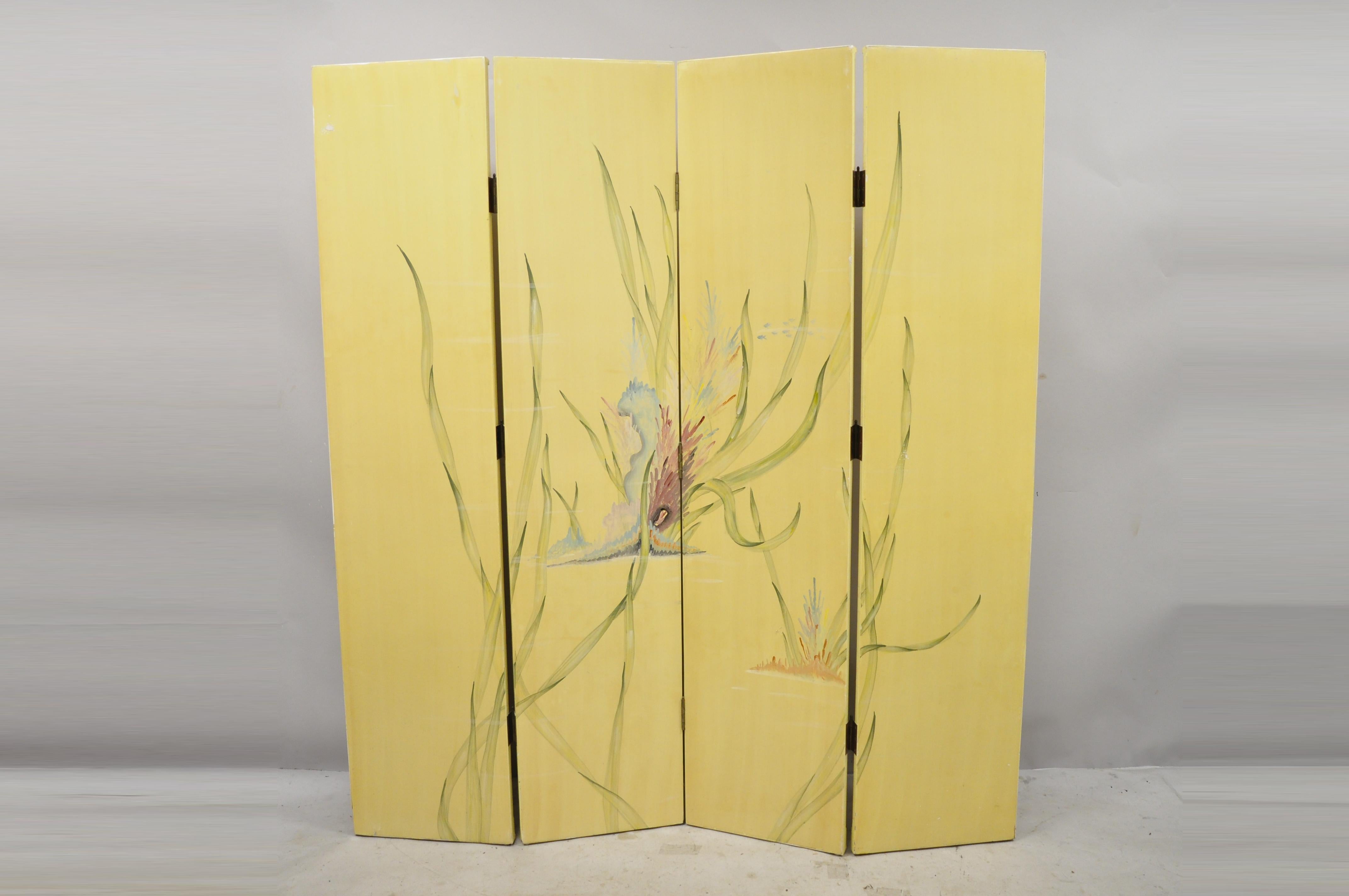 20th Century Nautical Four Panel Yellow Folding Screen Room Divider with Painted Conch Shells