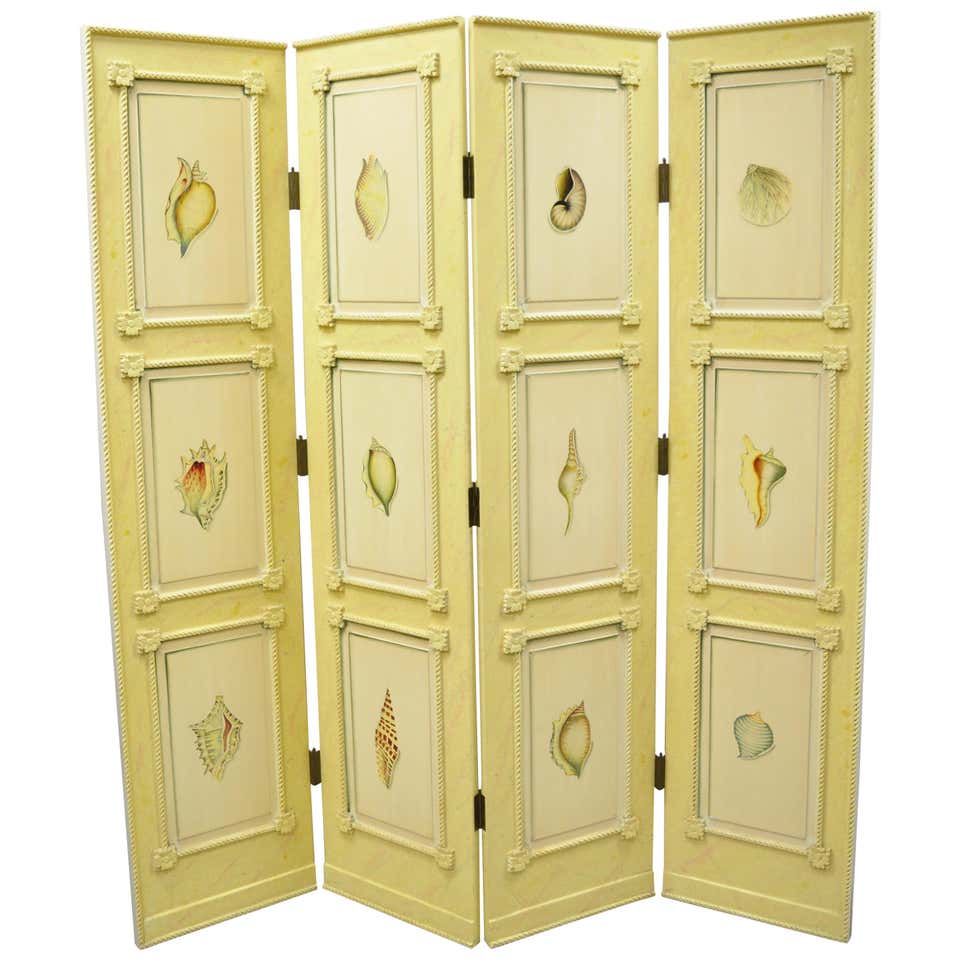 Shell Divier Nautical Four Panel Yellow Folding Screen Room Divider with Painted ...