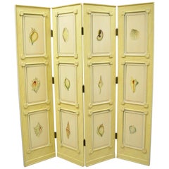 Nautical Four Panel Yellow Folding Screen Room Divider with Painted Conch Shells