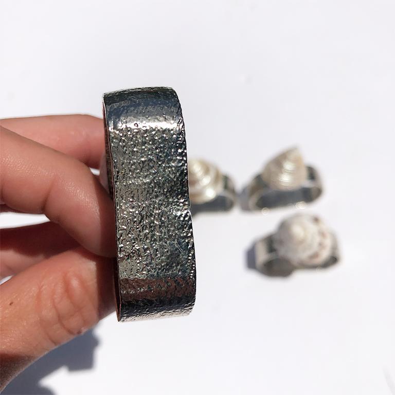 American Nautical Hammered Silver Napkin Rings with Shells on Top Set of 4 circa 1970