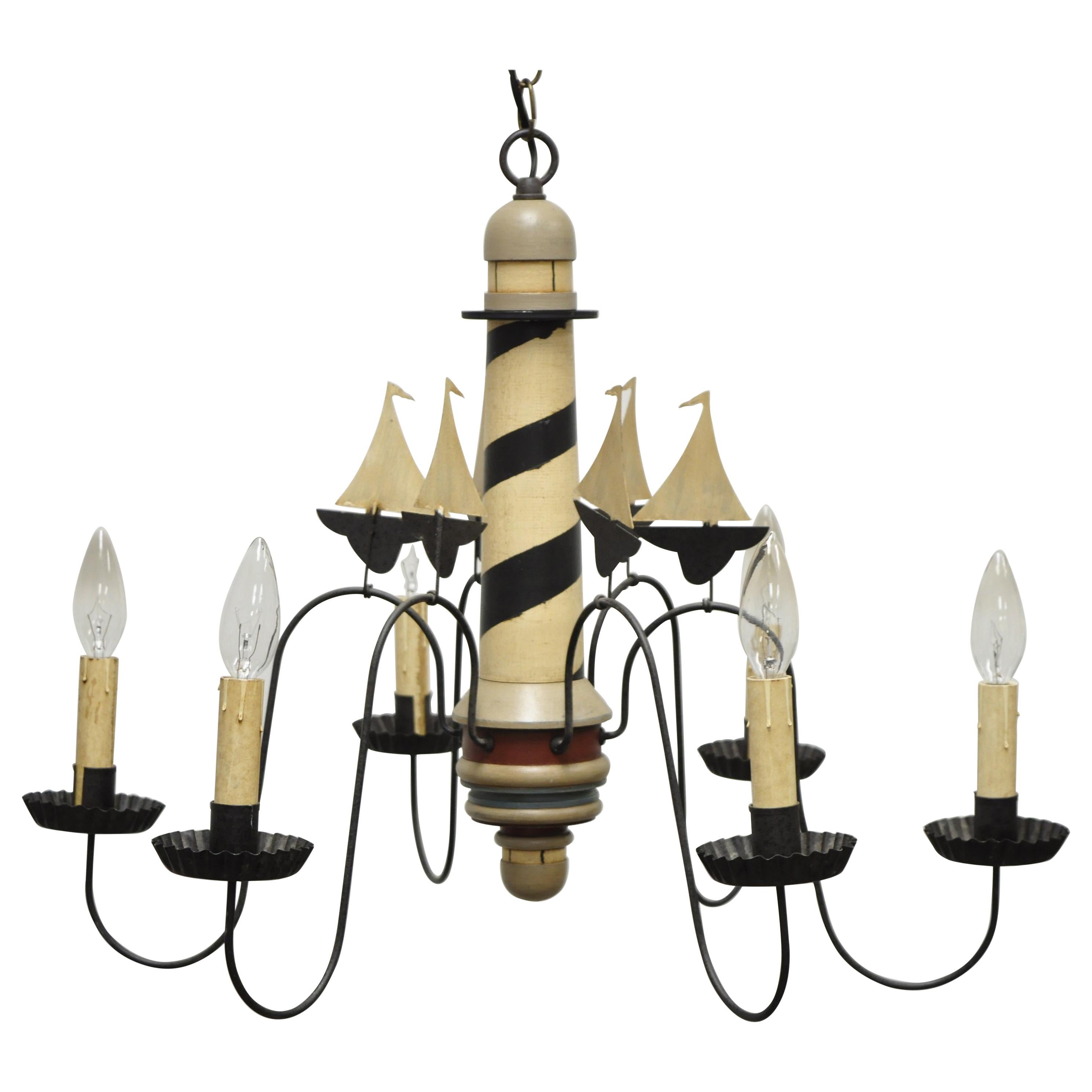 Nautical Lighthouse and Boat Ship Wood and Metal Chandelier Light Fixture