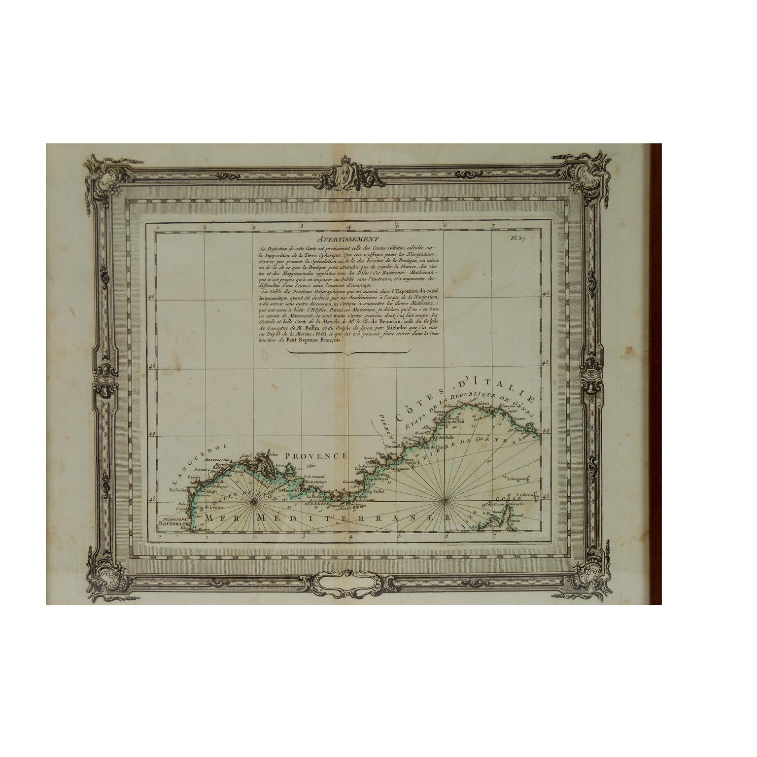 Antique nautical map of the Mediterranean sea from La Spezia to Roussillon, from Le petit Neptune françois published in Paris in 1763. Printed by engraved copper plate. Good condition. Measures with frame 36 x 31 cm - inches 14.17 x 12.20. Le petit