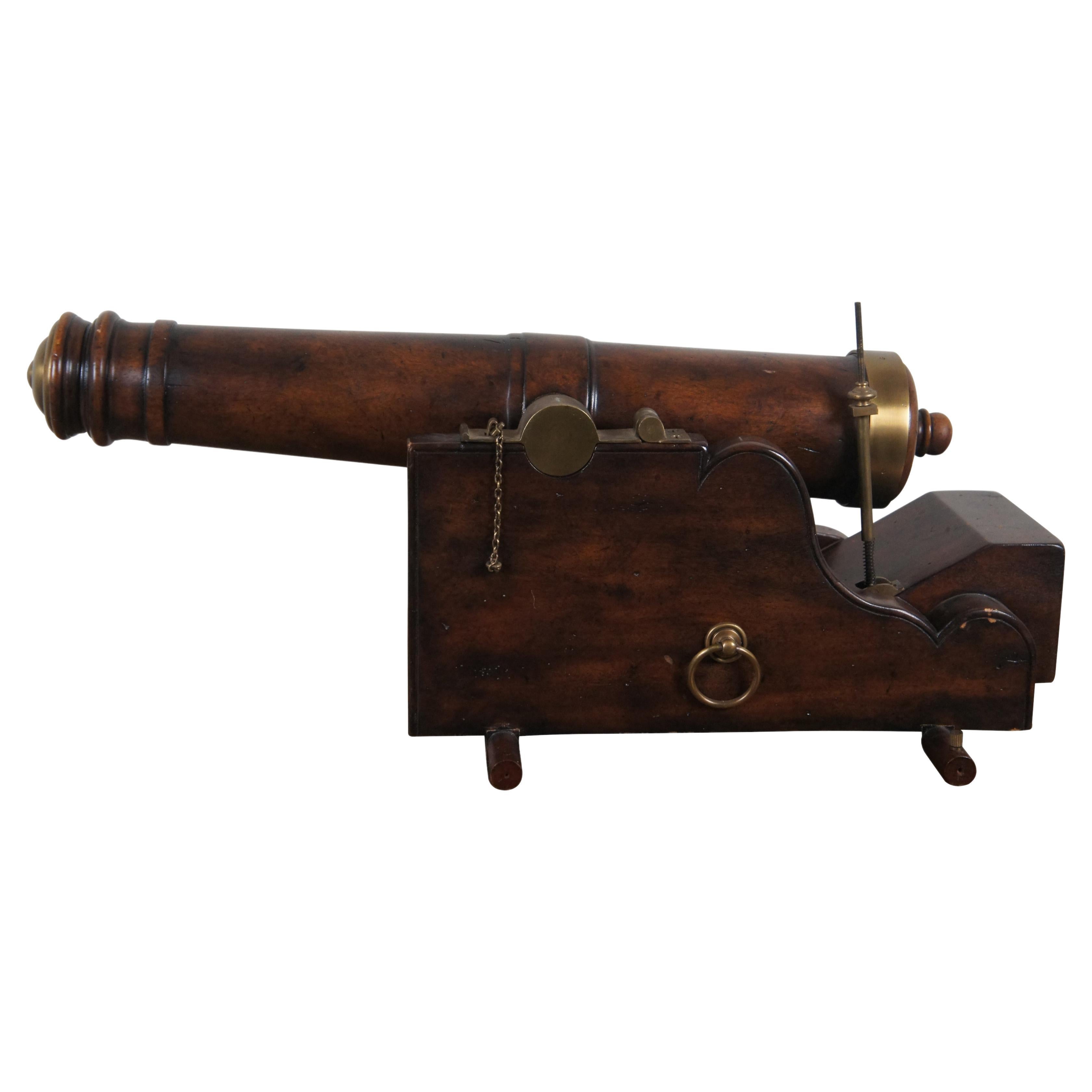 Nautical Maritime Carved Mahogany & Brass Naval Saluting Cannon Model 30" For Sale