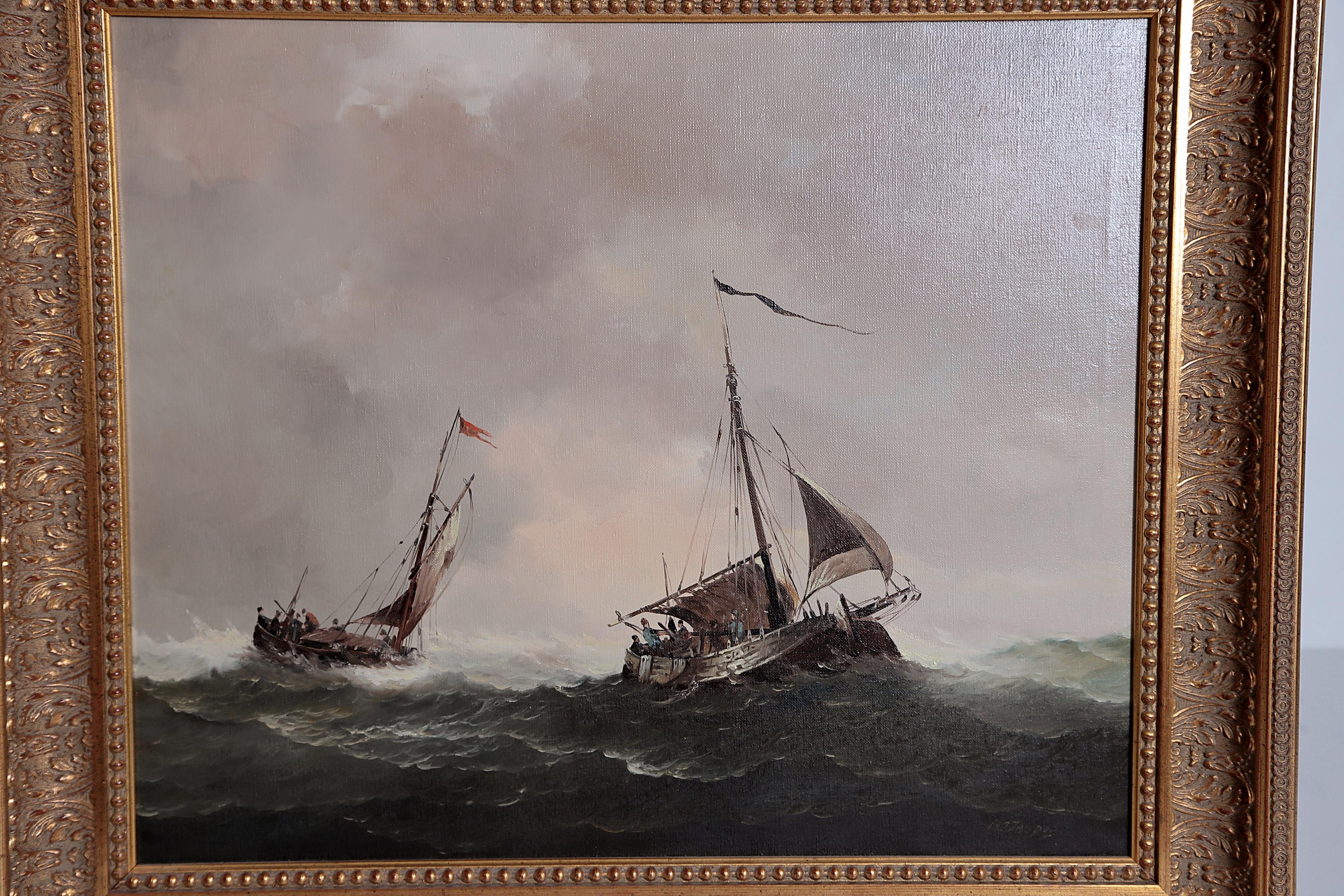 A nautical / maritime oil on canvas, framed, two vessels on a rough, choppy sea with grey storm clouds in the sky overhead, signed lower right, H. J. JASPER (Dutch artist Jan Hendrik Jacob Jasper 1937- 2018)

19