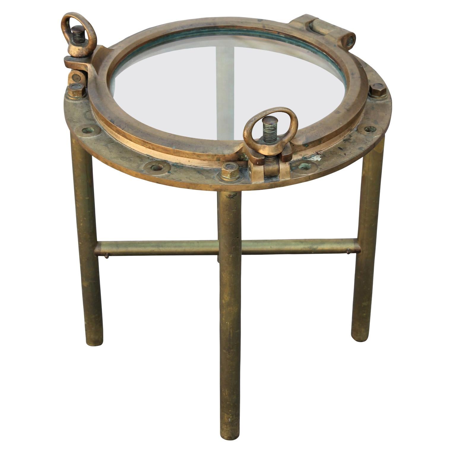 Nautical Modern Brass Heavy Round Porthole Window Side or End Table