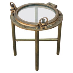 Antique Nautical Modern Brass Heavy Round Porthole Window Side or End Table