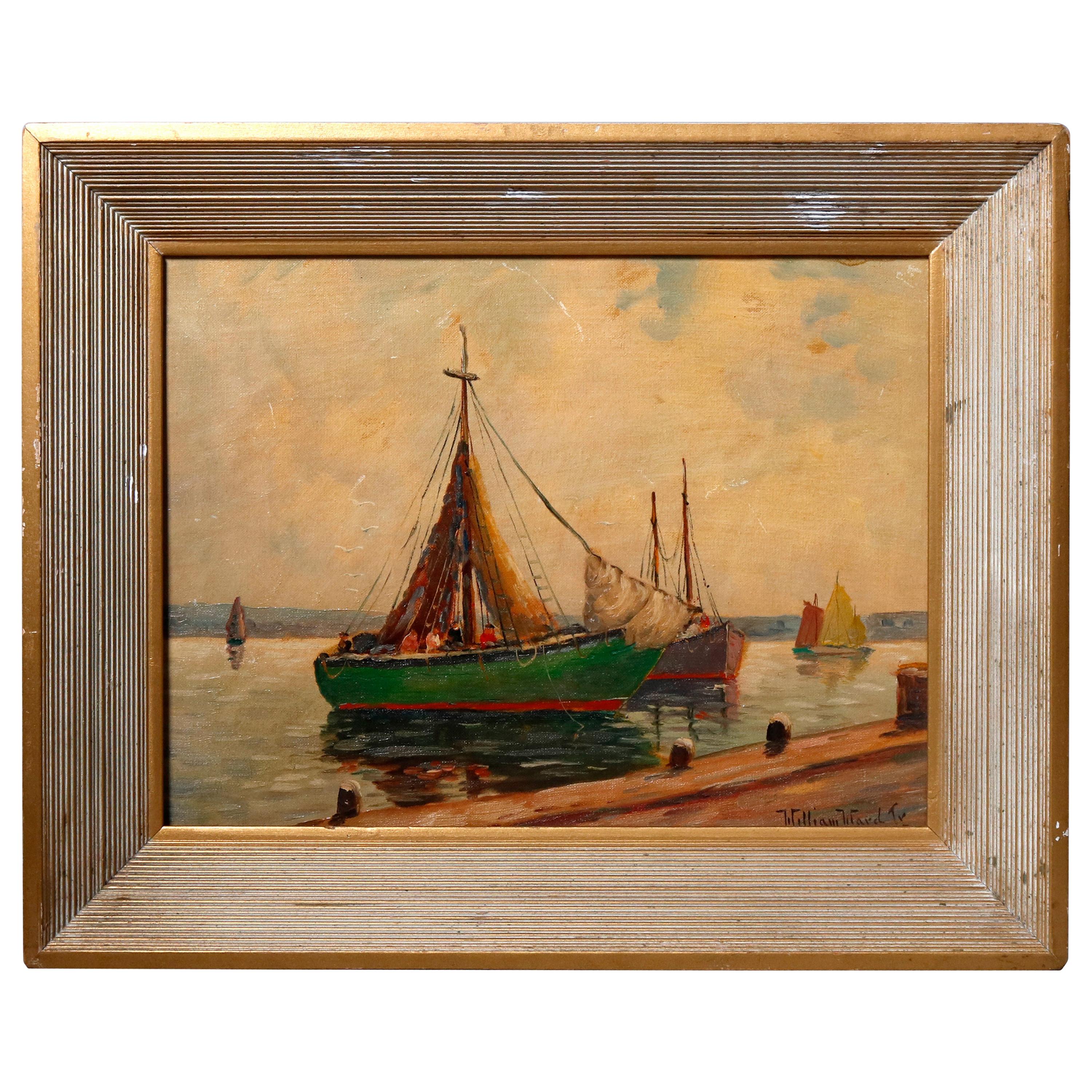 Nautical Oil on Canvas Harbor Scene with Sailboats by William Ward, circa 1930