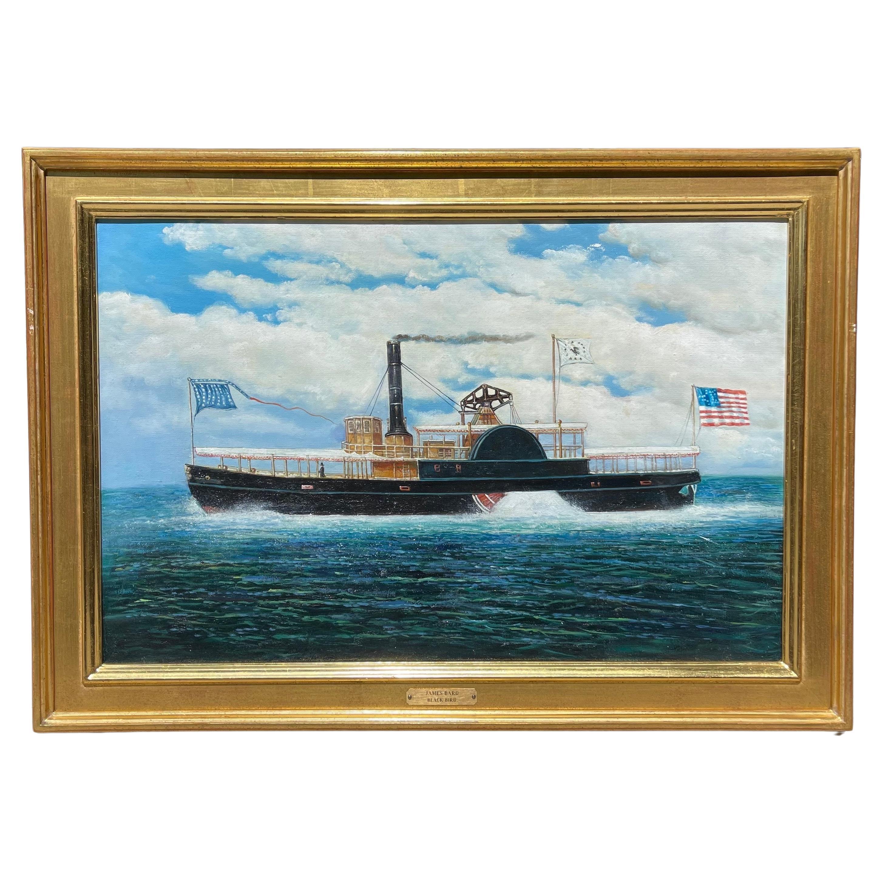 Peinture nautique à l'huile sur toile, Brisk One, à la manière de James Bard