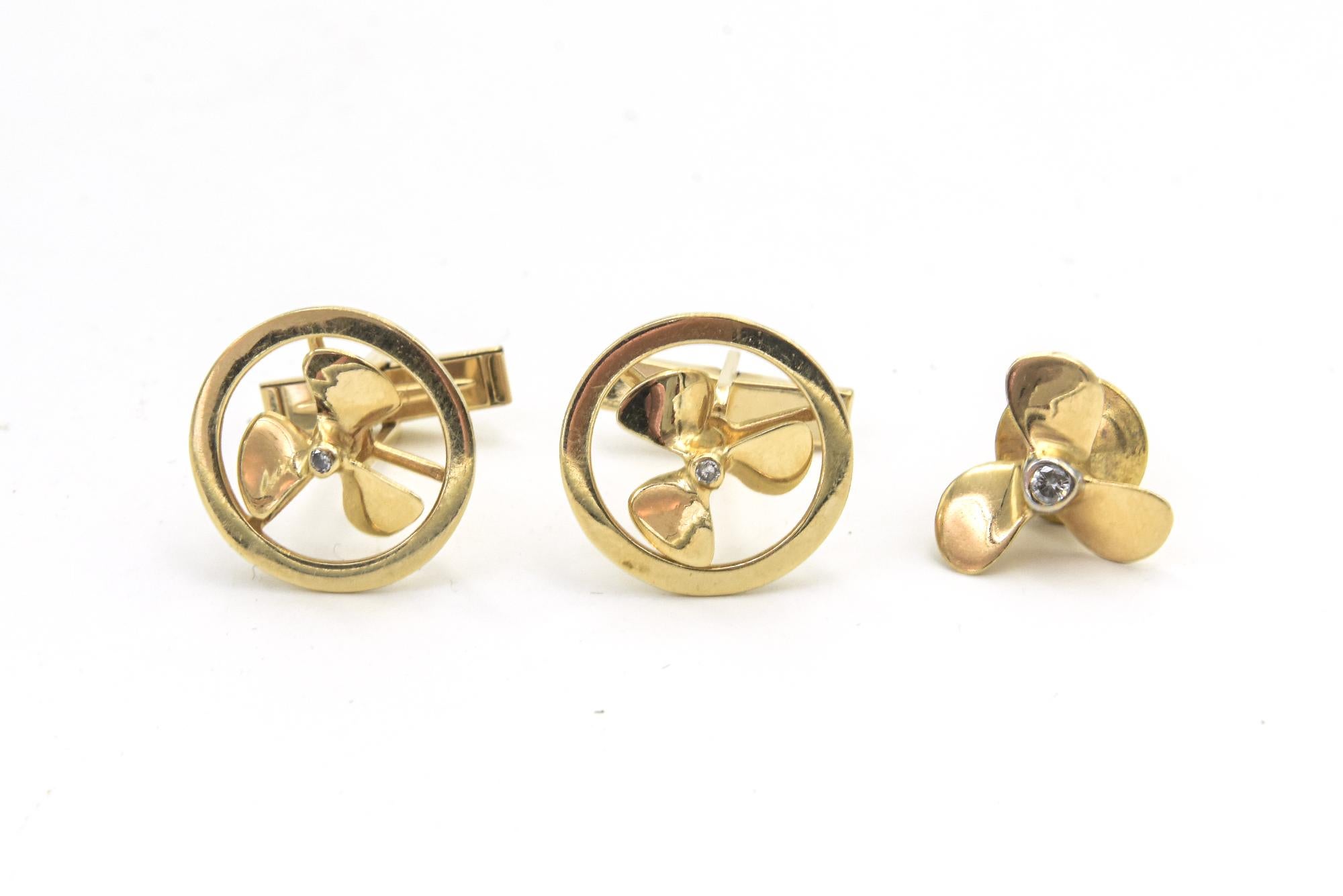 Round Cut Nautical or Aviator Diamond Gold Propeller Cufflinks and Tie Pin For Sale