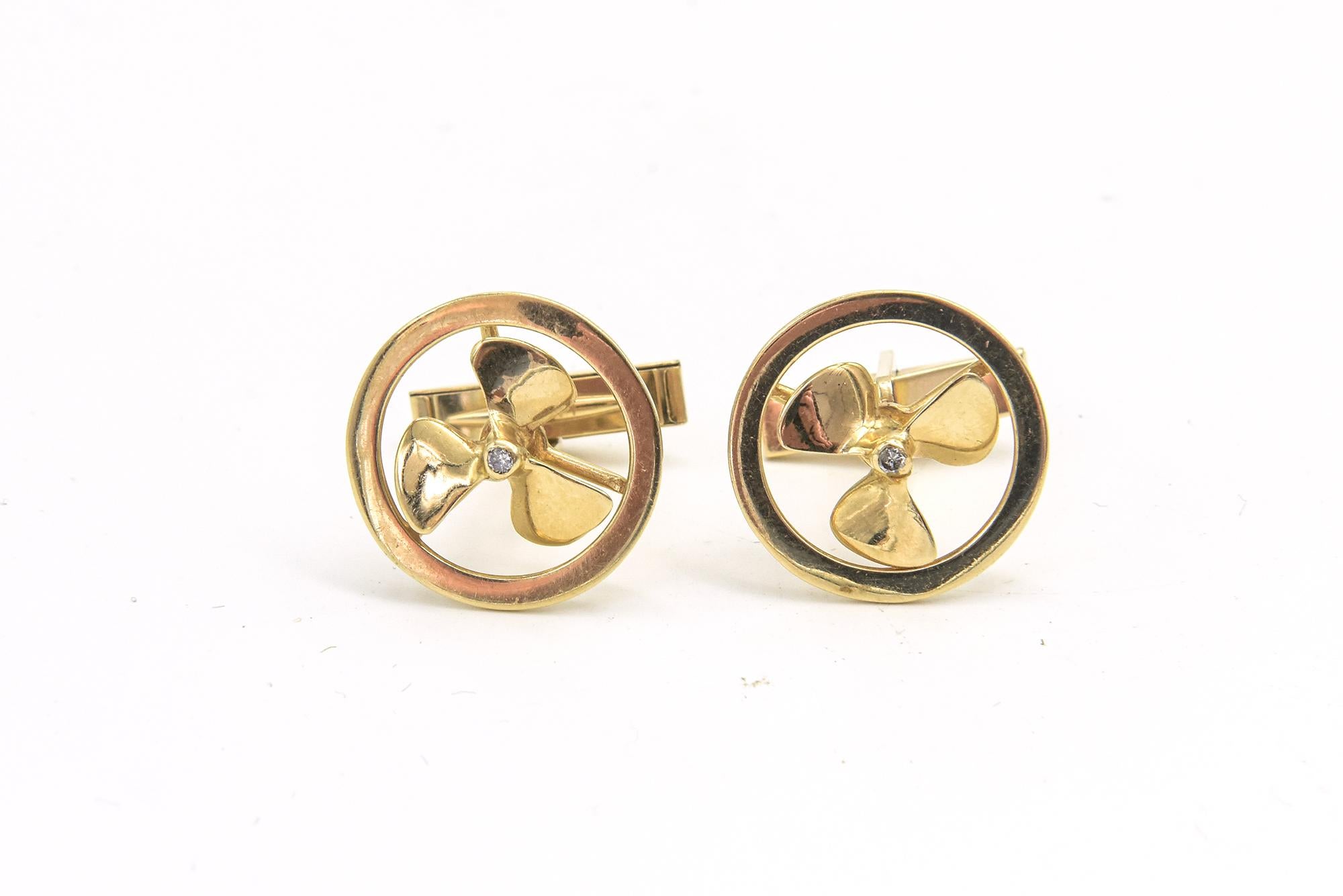 Nautical or Aviator Diamond Gold Propeller Cufflinks and Tie Pin For Sale 2
