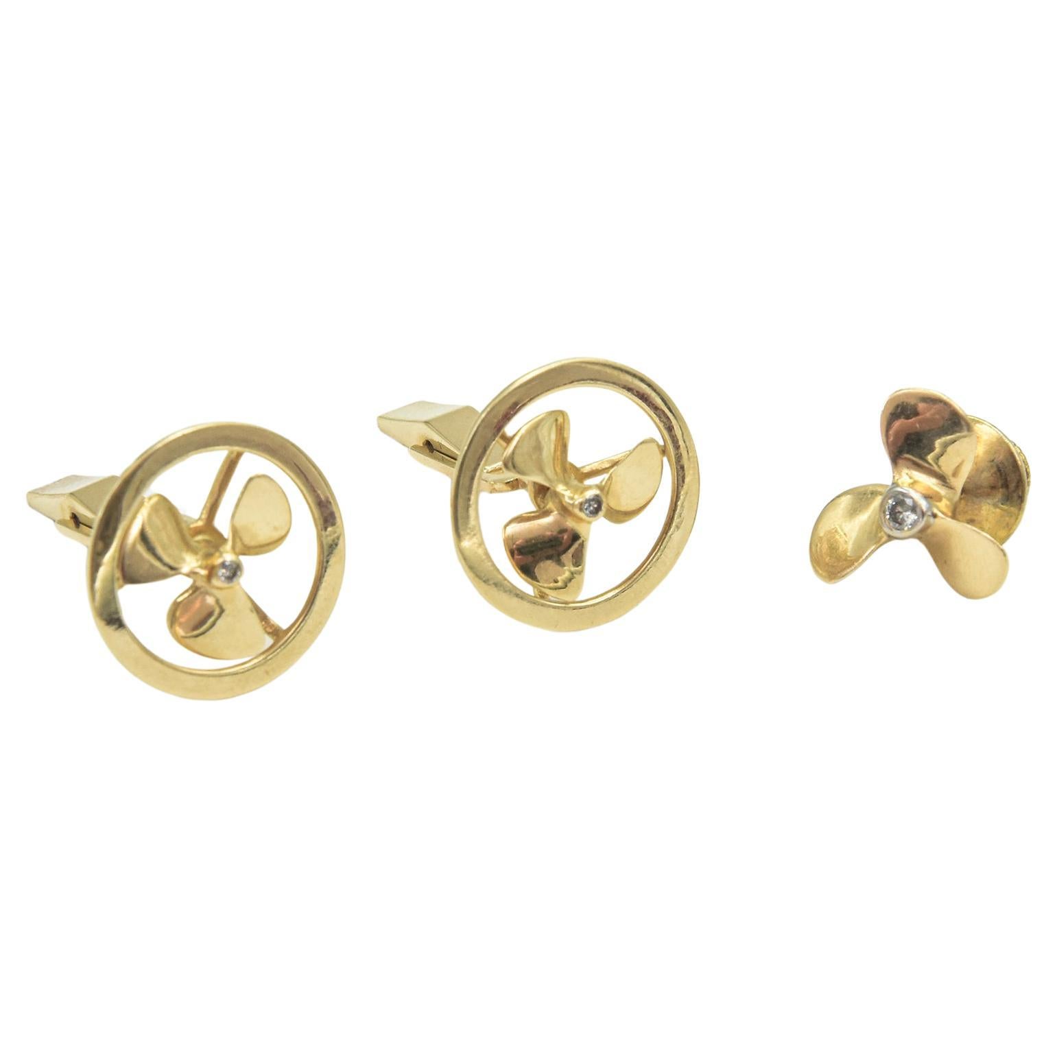 Nautical or Aviator Diamond Gold Propeller Cufflinks and Tie Pin For Sale