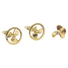 Nautical or Aviator Diamond Gold Propeller Cufflinks and Tie Pin