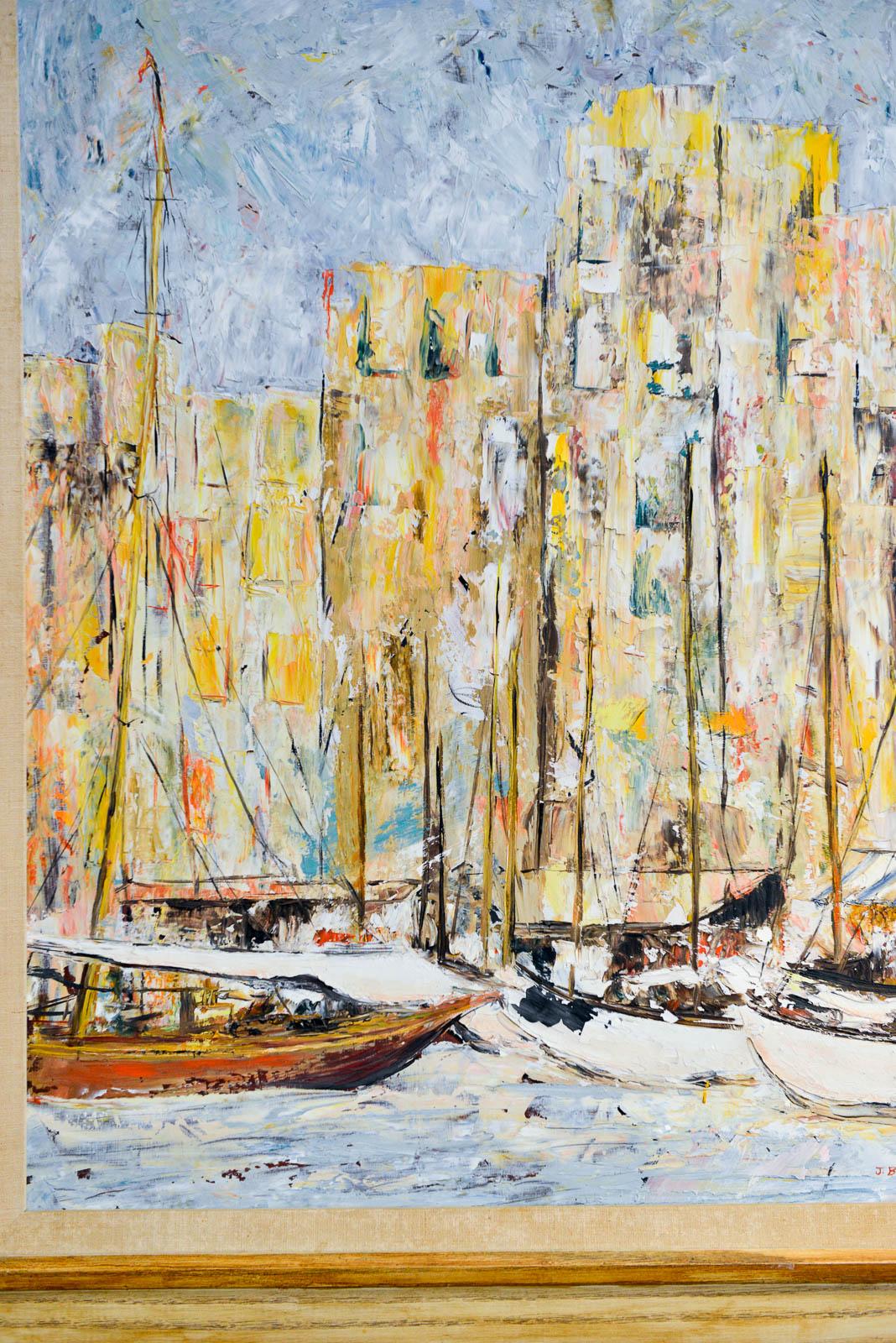 Nautical painting by J. Bogenreif, 1963. Original acrylic on masonite with matted and wood frame depicting sailboats. Measures 30