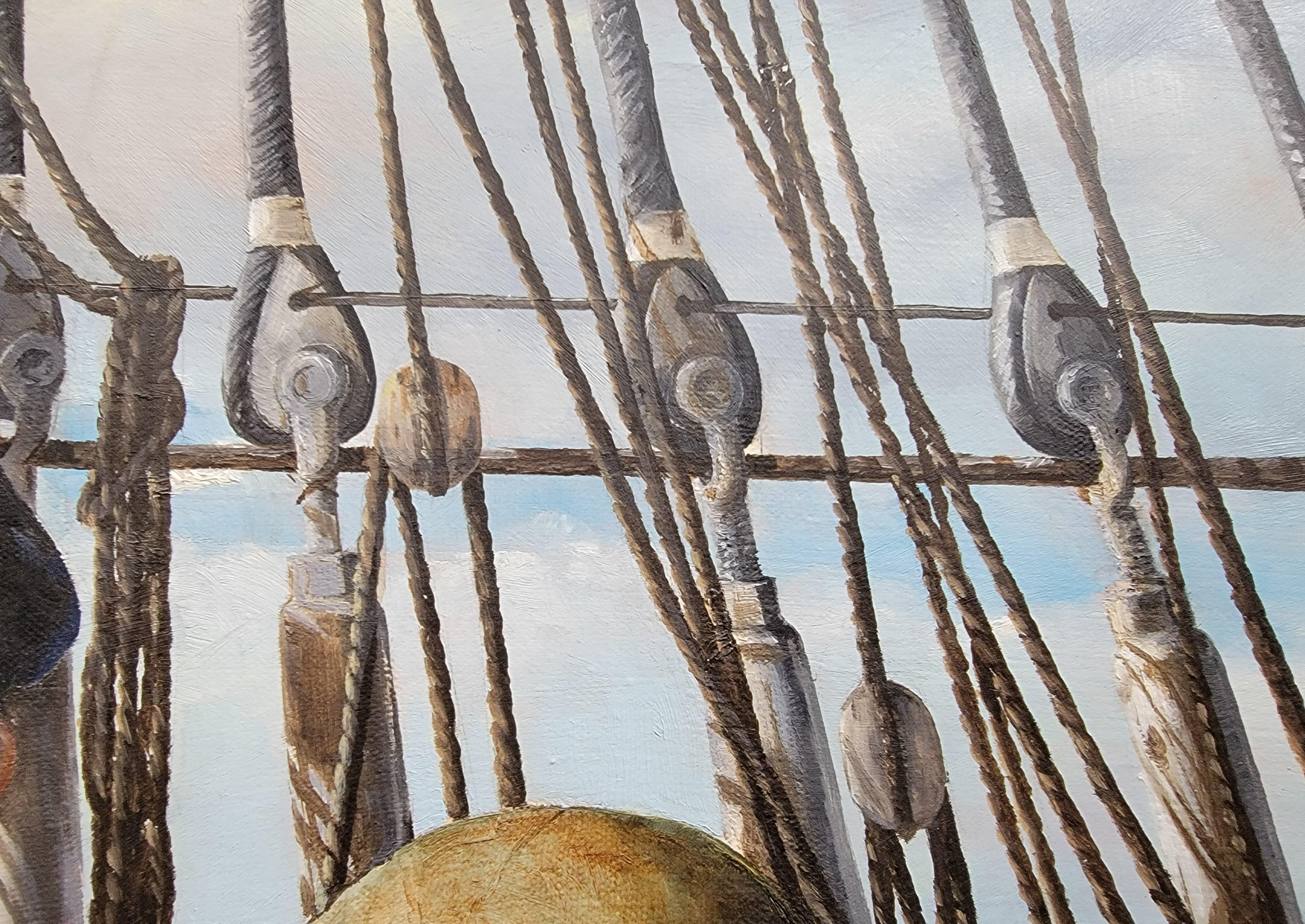 Nautical Painting of Sailors on Ship In Good Condition In Fulton, CA