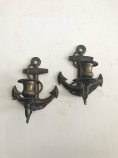 Nautical Pair of Anchor Motife Aged Brass Candle Sconces