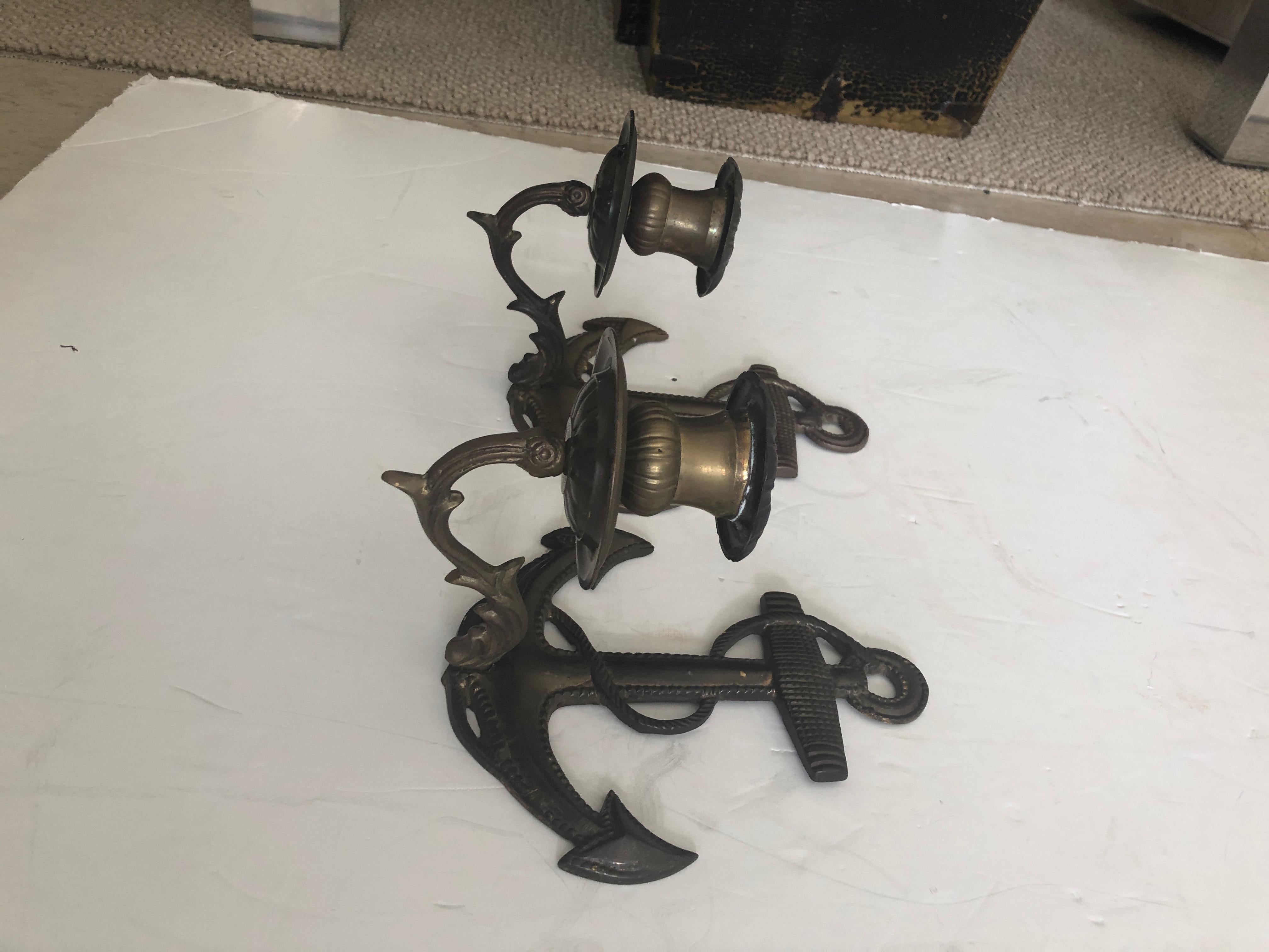 American Nautical Pair of Anchor Motife Aged Brass Candle Sconces For Sale
