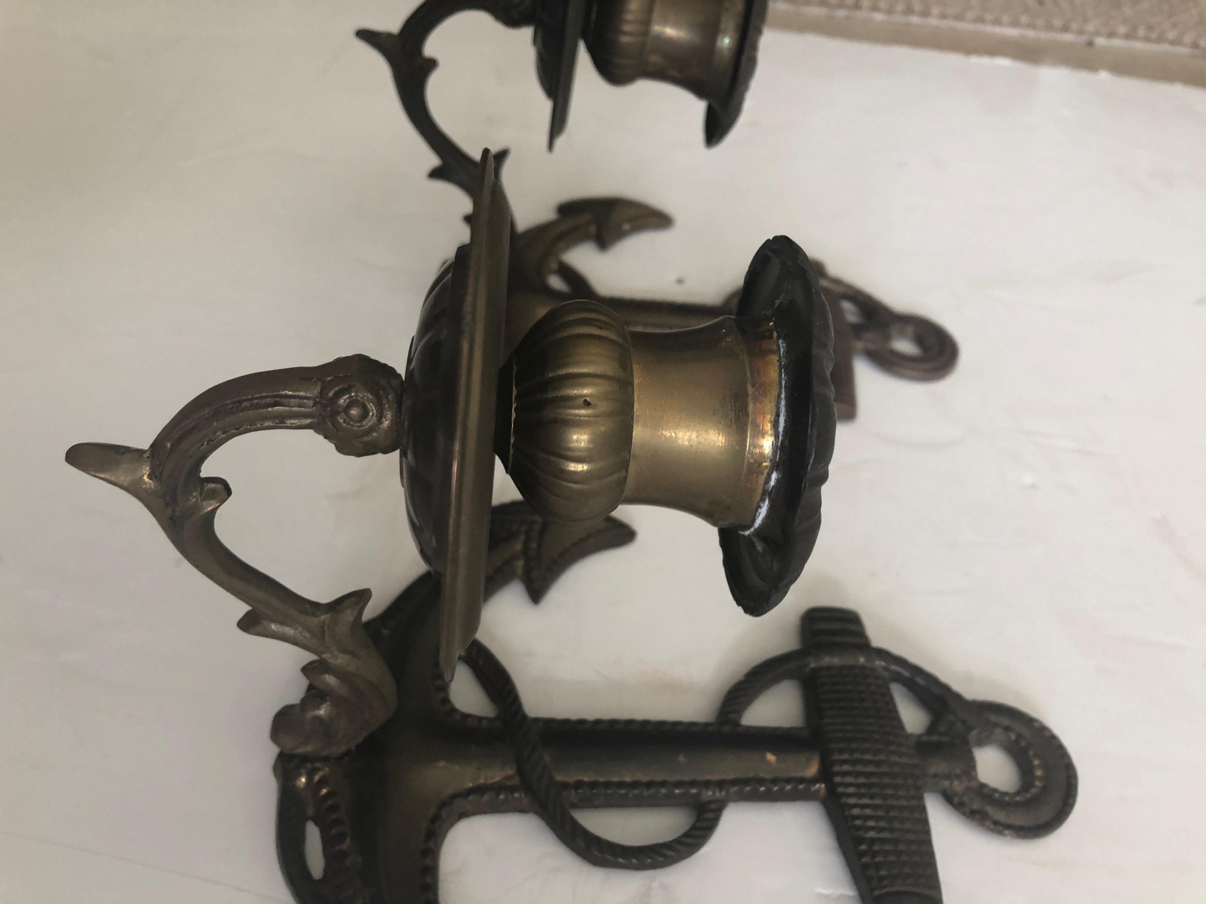 Late 20th Century Nautical Pair of Anchor Motife Aged Brass Candle Sconces For Sale