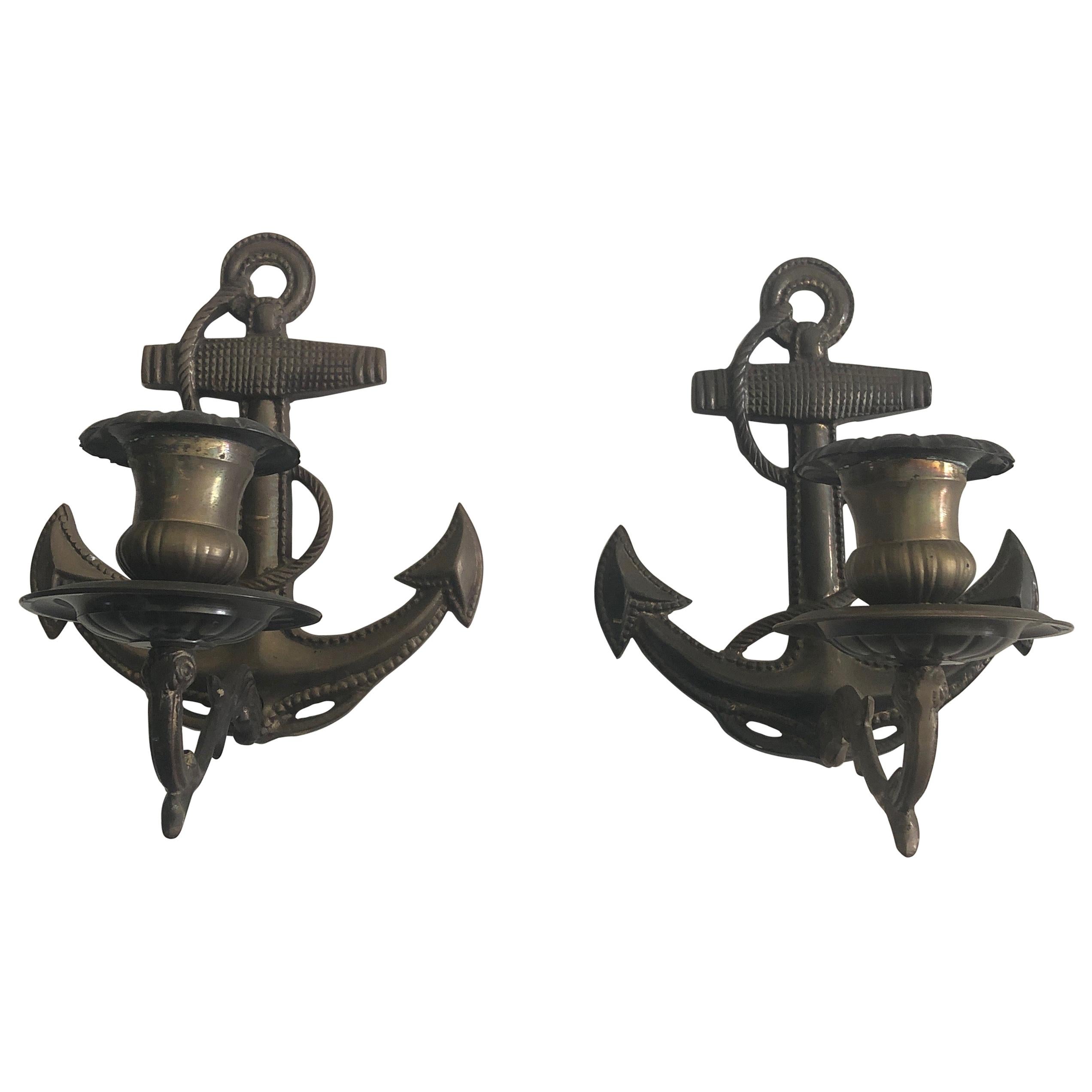 Nautical Pair of Anchor Motife Aged Brass Candle Sconces For Sale