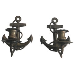 Nautical Pair of Anchor Motife Aged Brass Candle Sconces