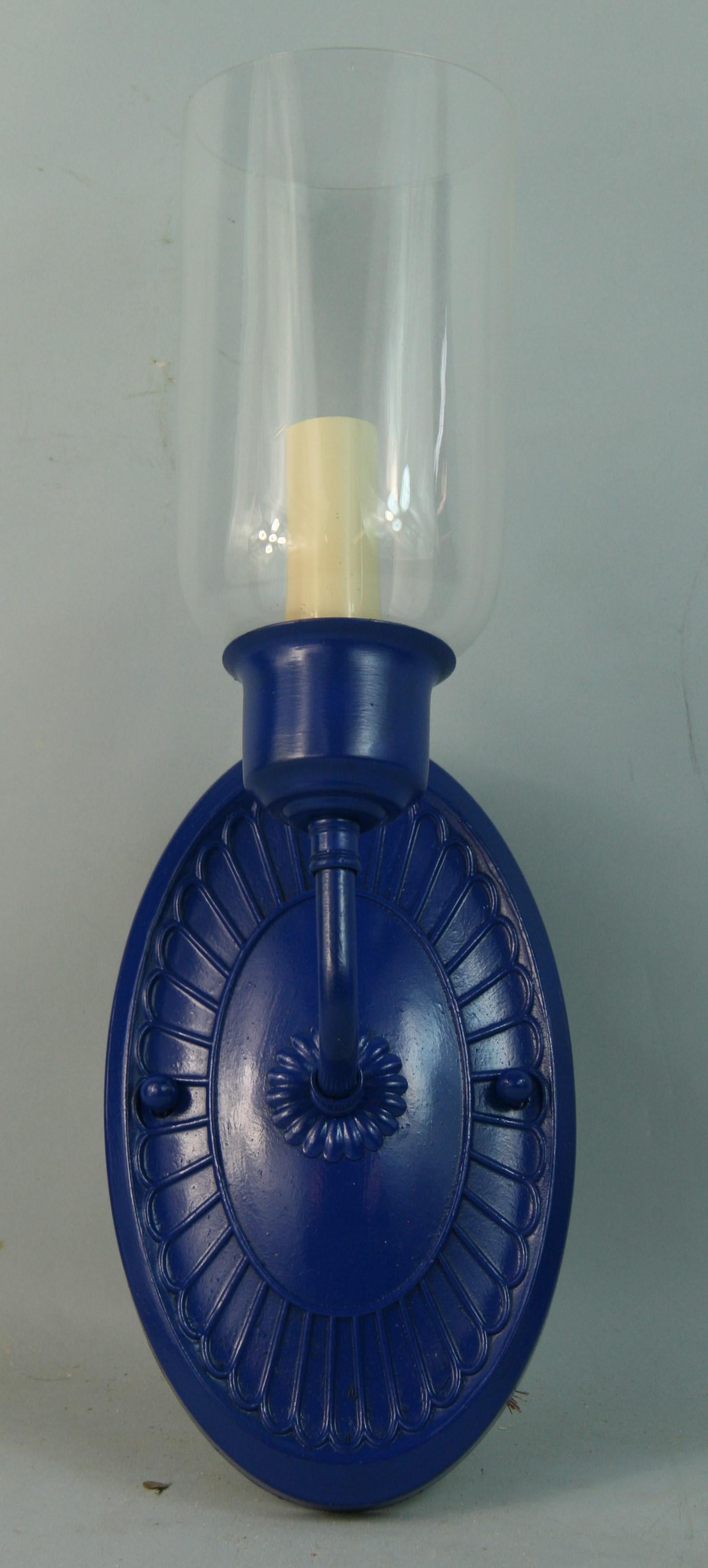 Nautical Pair of Blue Painted Brass  Hurricane Sconces In Good Condition For Sale In Douglas Manor, NY