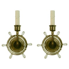 Nautical Pair of Brass and Glass Ships Wheel Sconces '2 Pair Available'