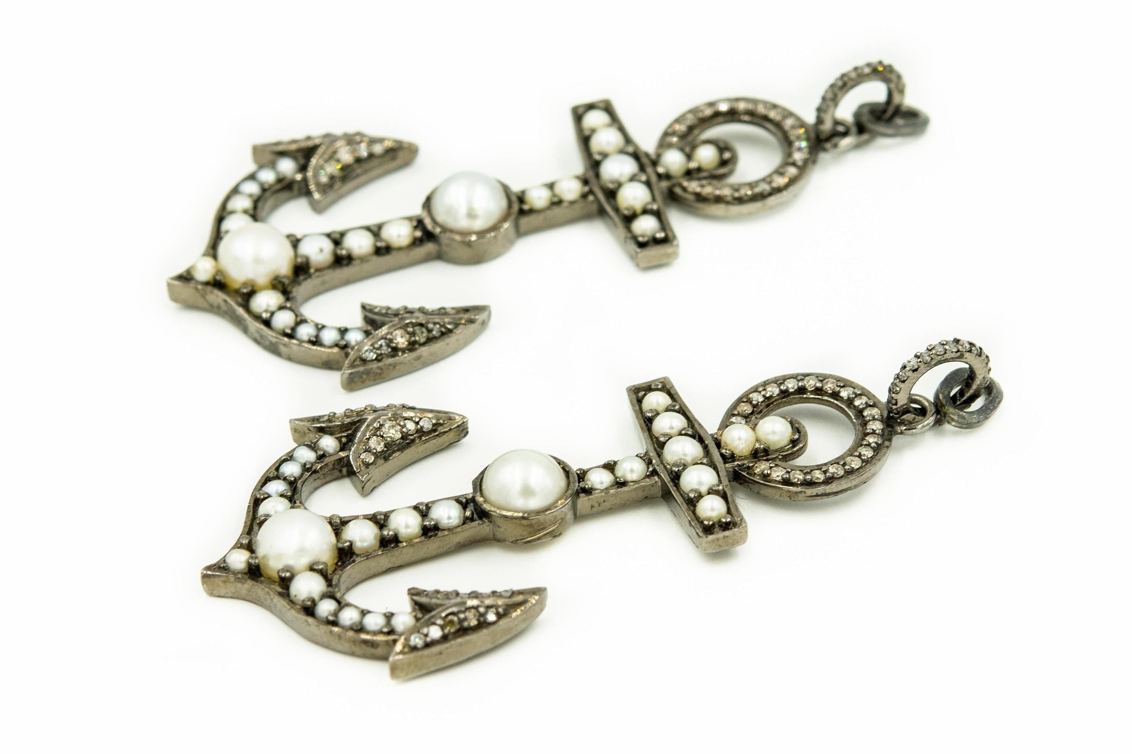 Bead Nautical Pearl and Diamond Sterling Silver Anchor Earring Jackets for Studs