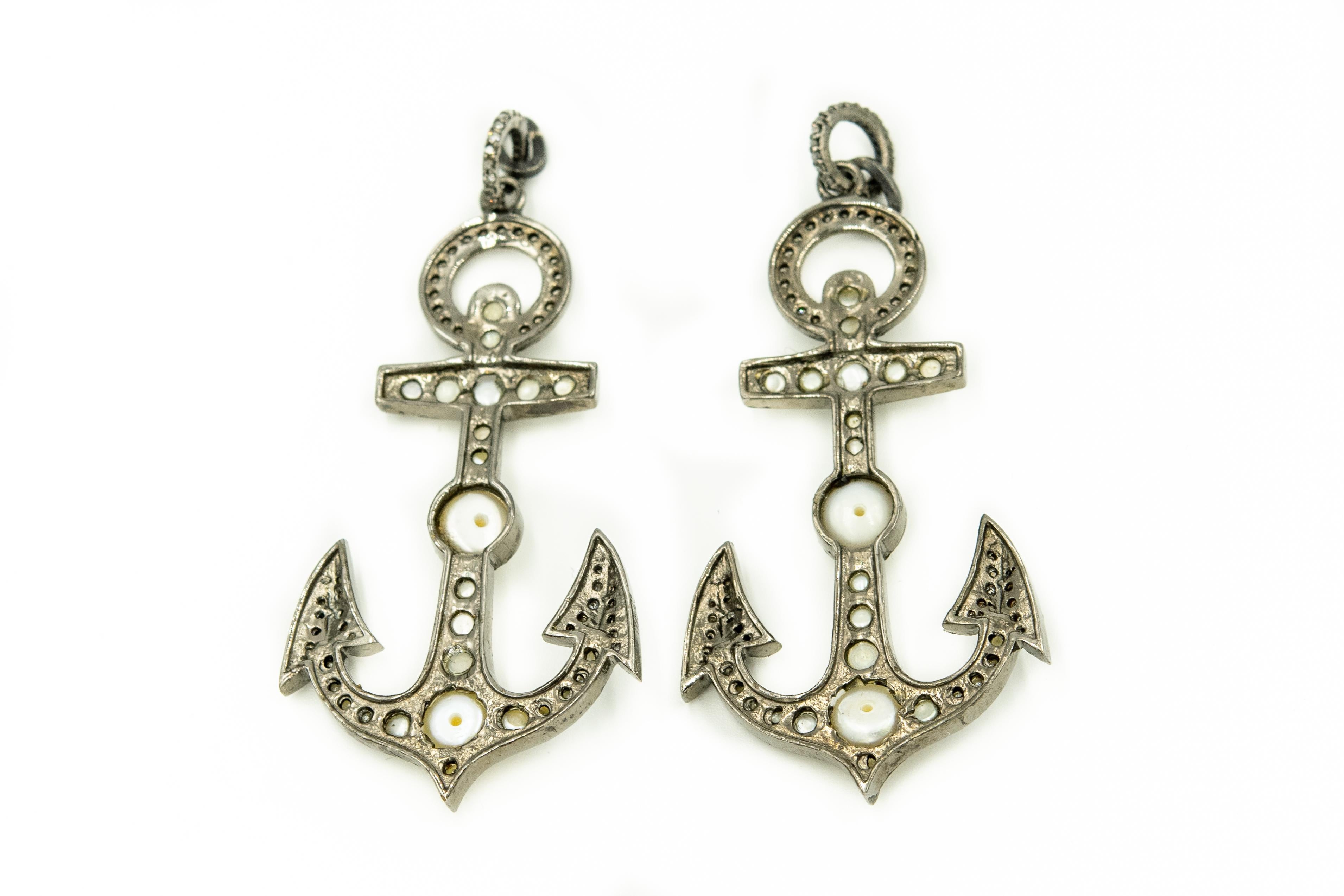 Nautical Pearl and Diamond Sterling Silver Anchor Earring Jackets for Studs In Excellent Condition In Miami Beach, FL