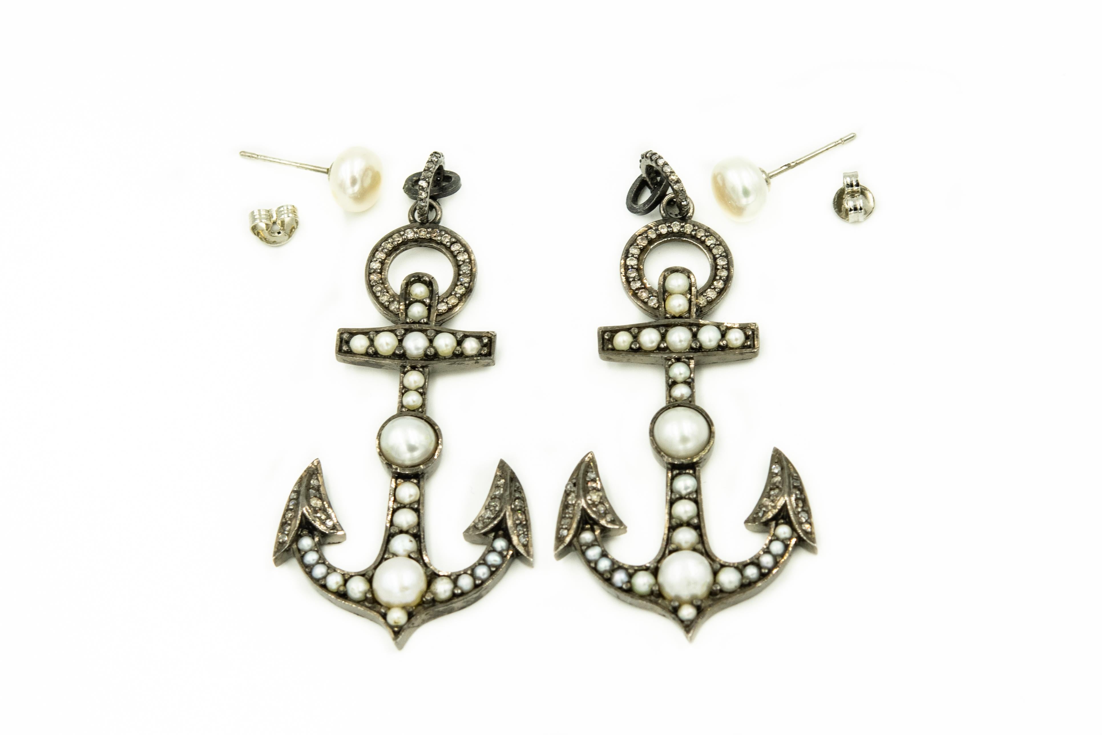 Women's or Men's Nautical Pearl and Diamond Sterling Silver Anchor Earring Jackets for Studs