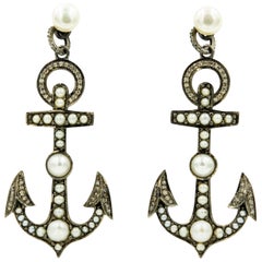 Nautical Pearl and Diamond Sterling Silver Anchor Earring Jackets for Studs
