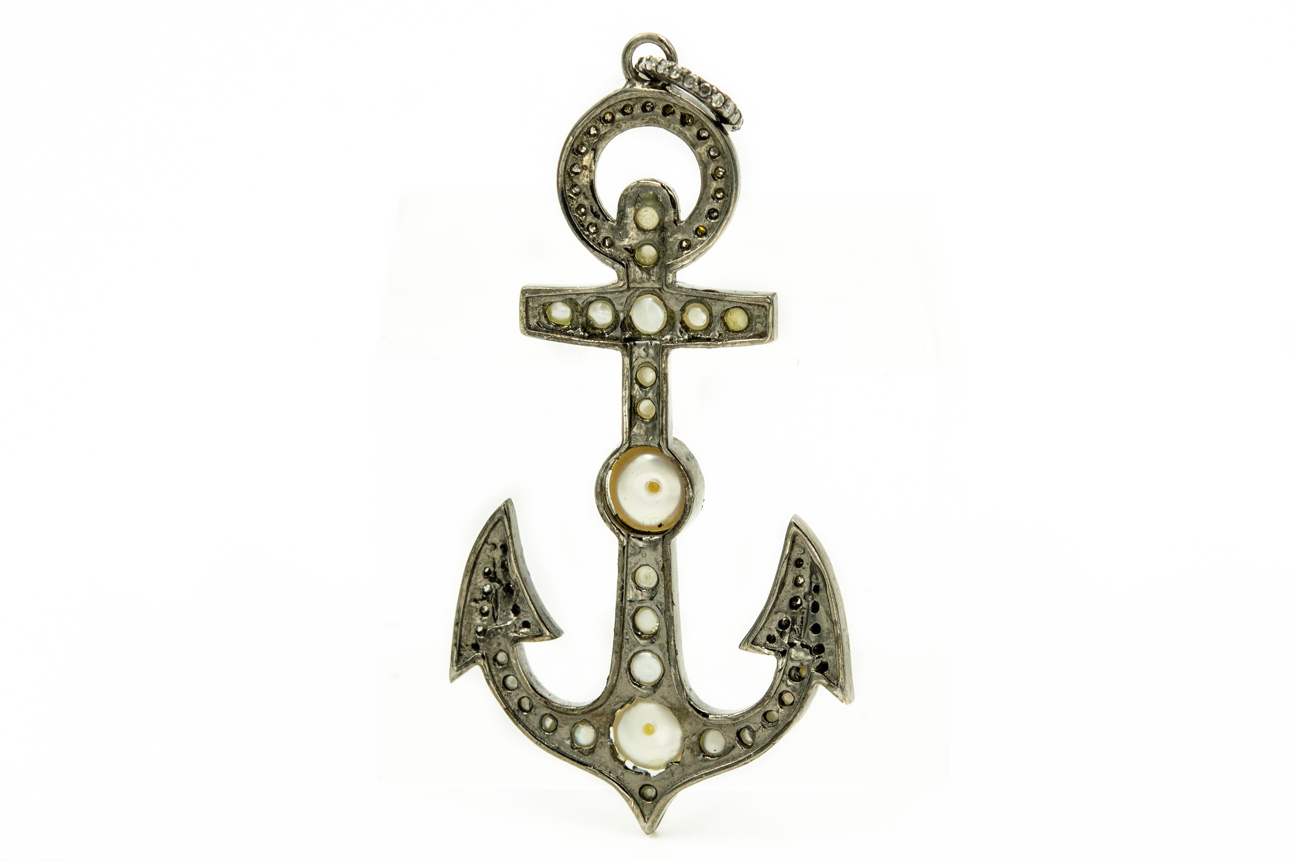 Wonderful Nautical blackened sterling silver anchor pendant with diamond and cultured pearl accents.  It is 2.25 