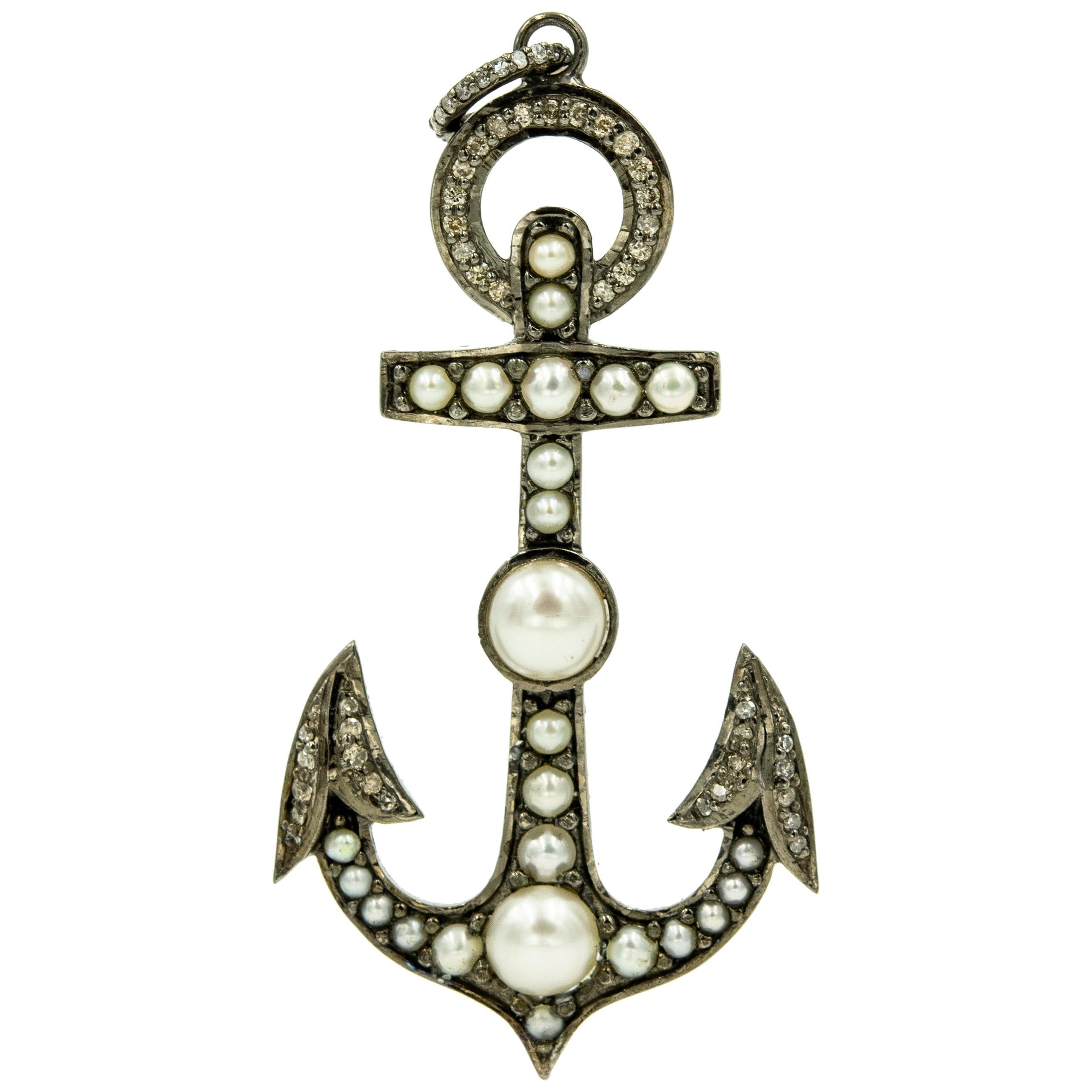 Nautical Pearl and Diamond Sterling Silver Anchor Necklace Pendant
