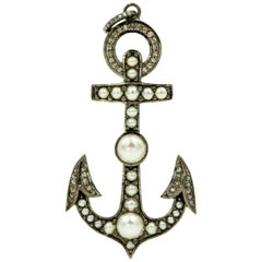 Nautical Pearl and Diamond Sterling Silver Anchor Necklace Pendant