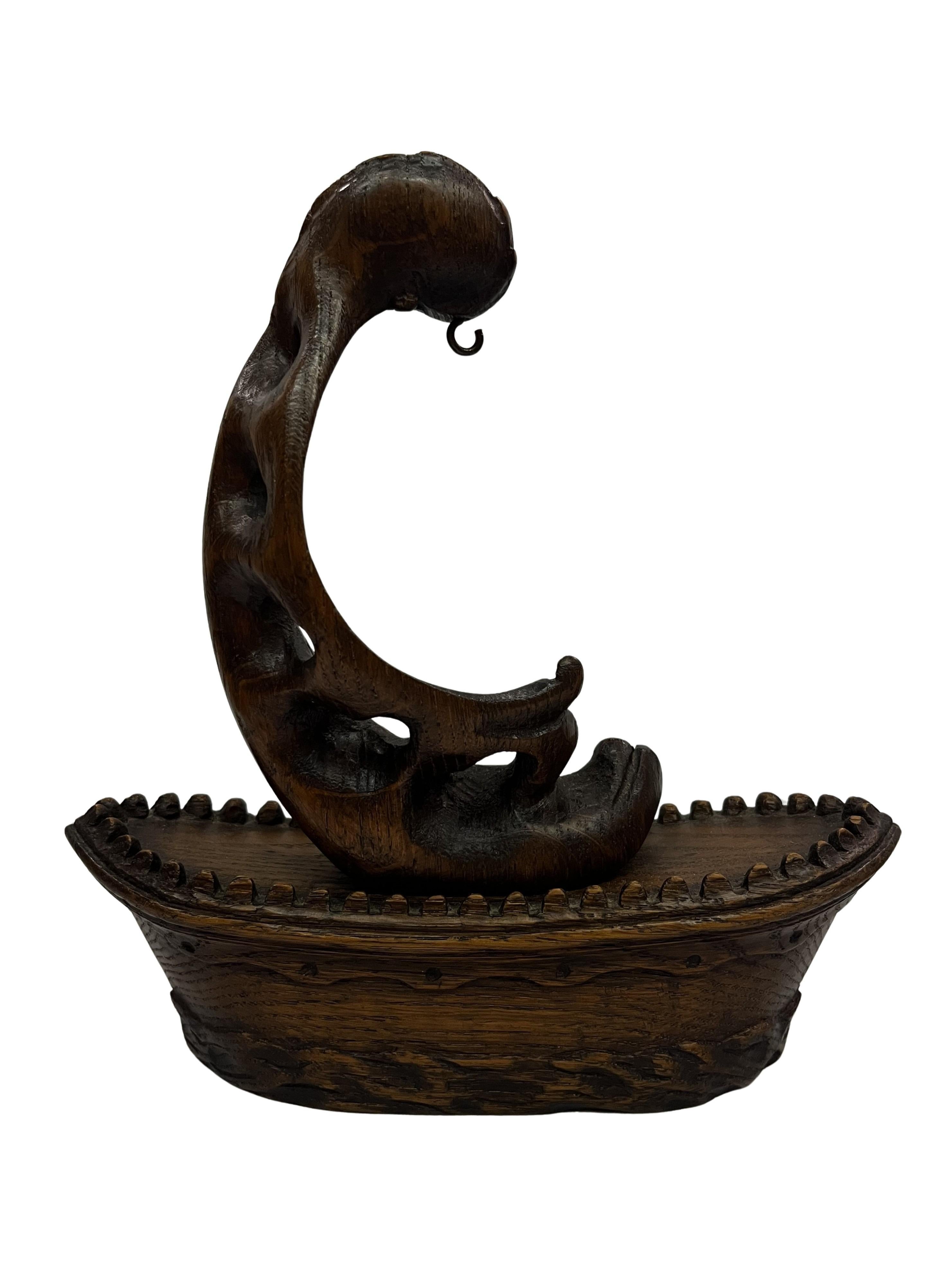 Oak Nautical pocket watch holder stand, sailing ship, carved, folk art, 1880 Germany For Sale