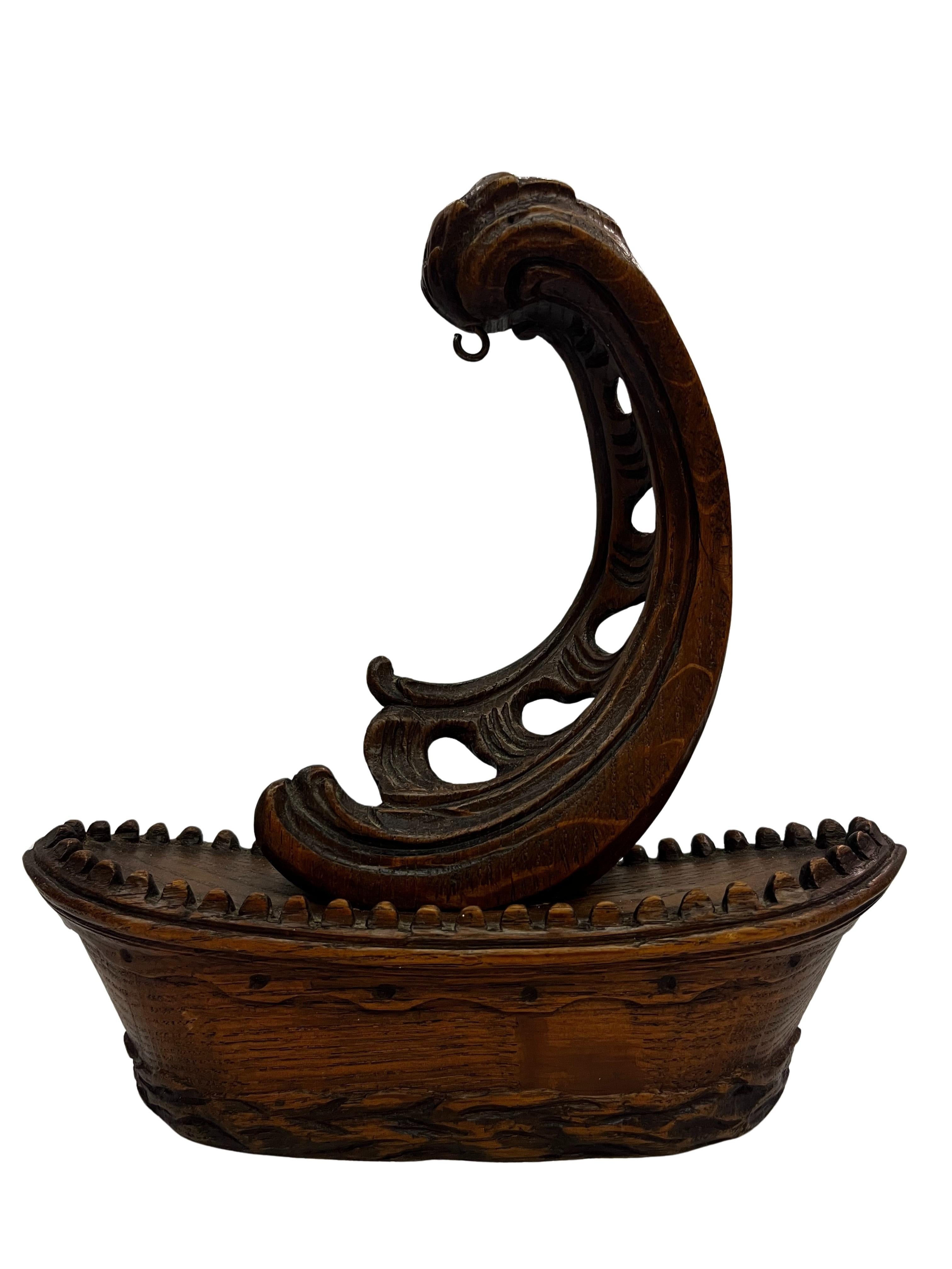 Nautical pocket watch holder stand, sailing ship, carved, folk art, 1880 Germany For Sale 2