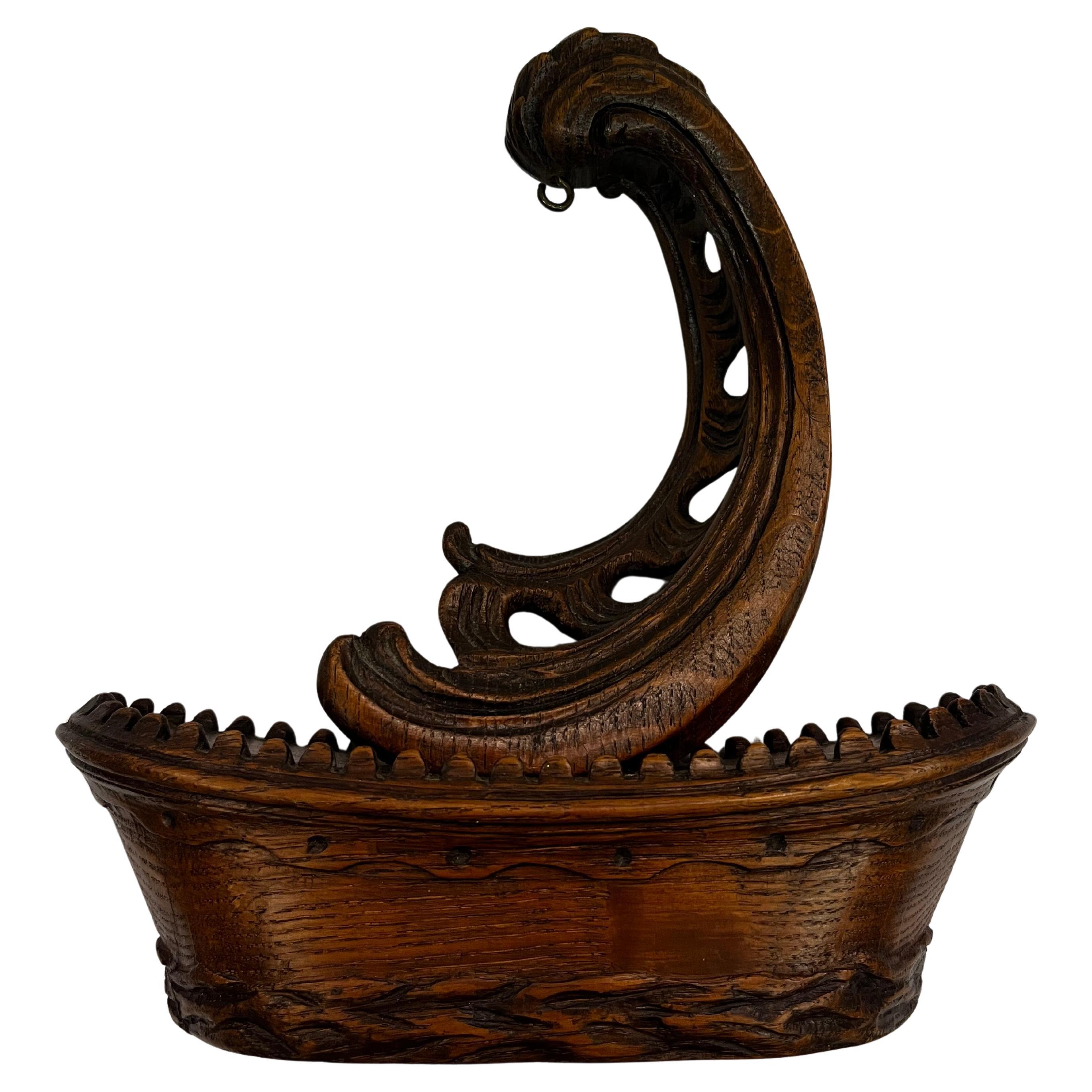Nautical pocket watch holder stand, sailing ship, carved, folk art, 1880 Germany For Sale