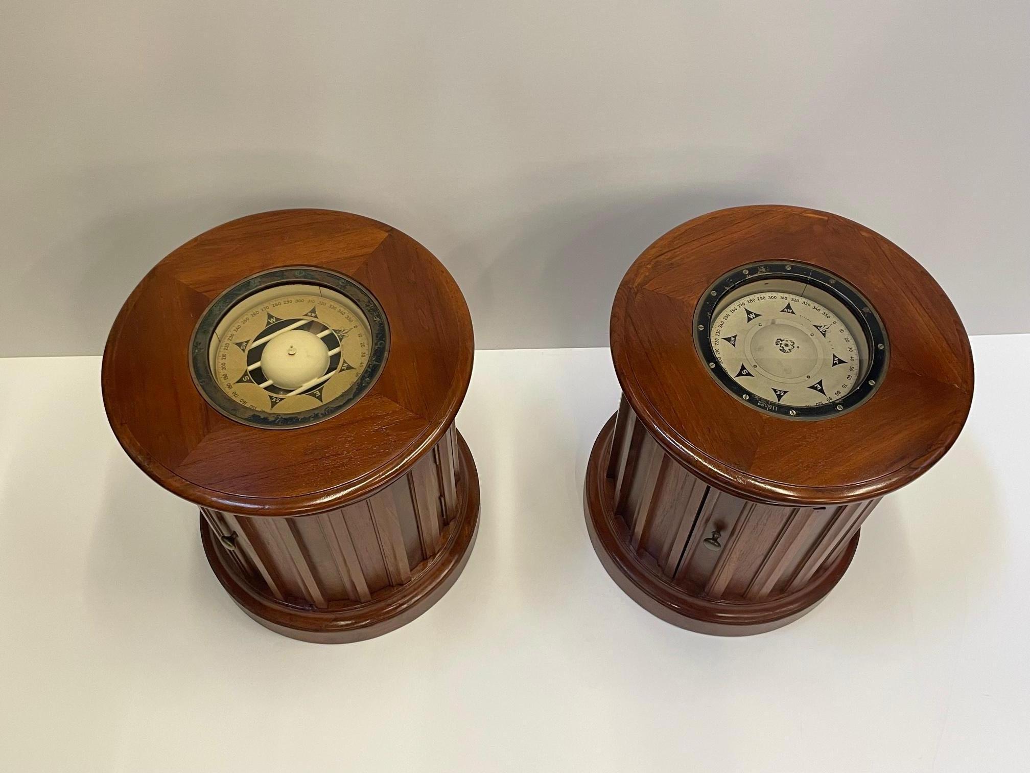 North American Nautical Rare Pair of Compass Adorned Mahogany End Tables Nightstands