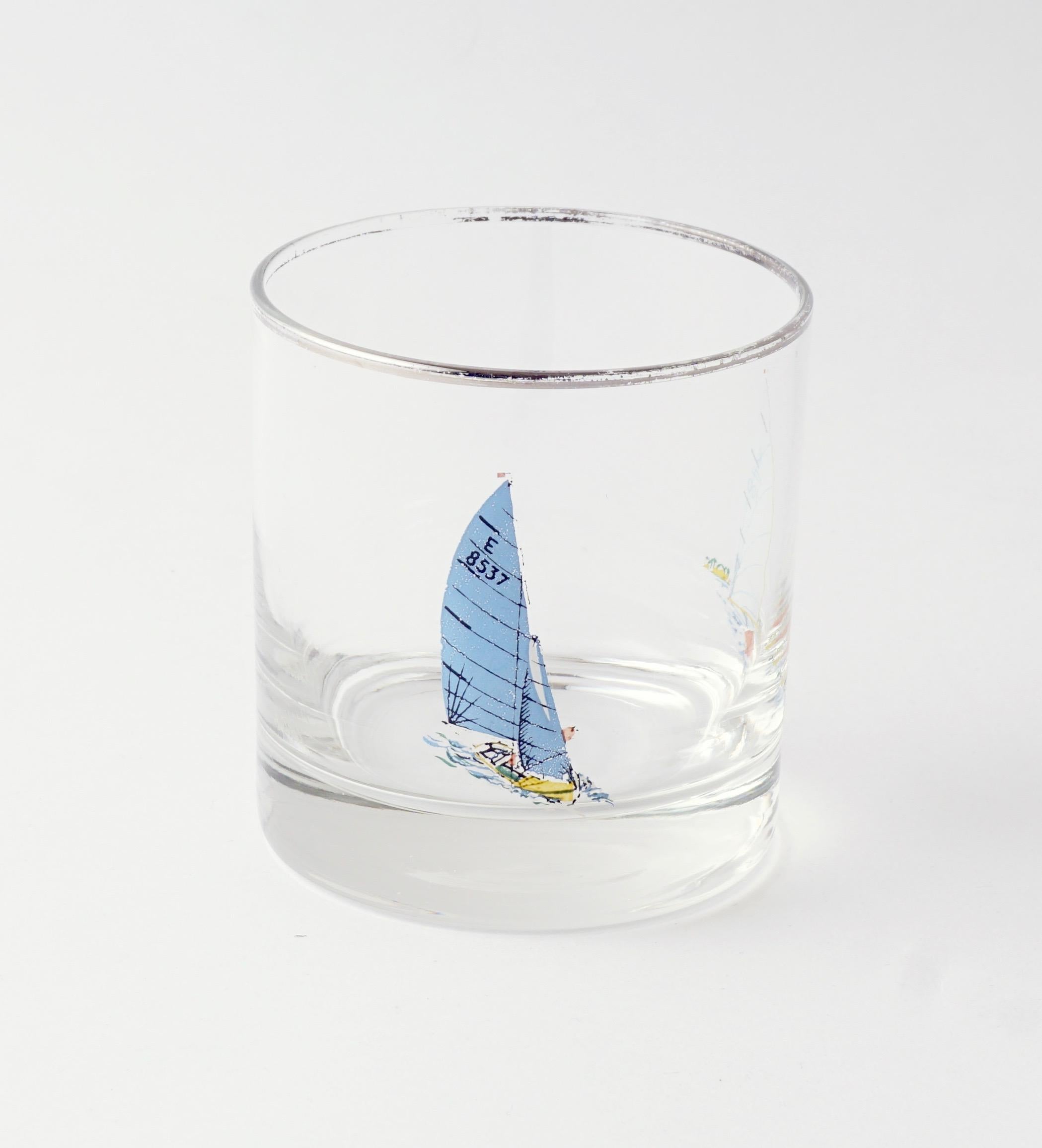 Hand-Painted Nautical Rocks Glasses with Hand Painted Sailboats and Silver Rim, Set of 4