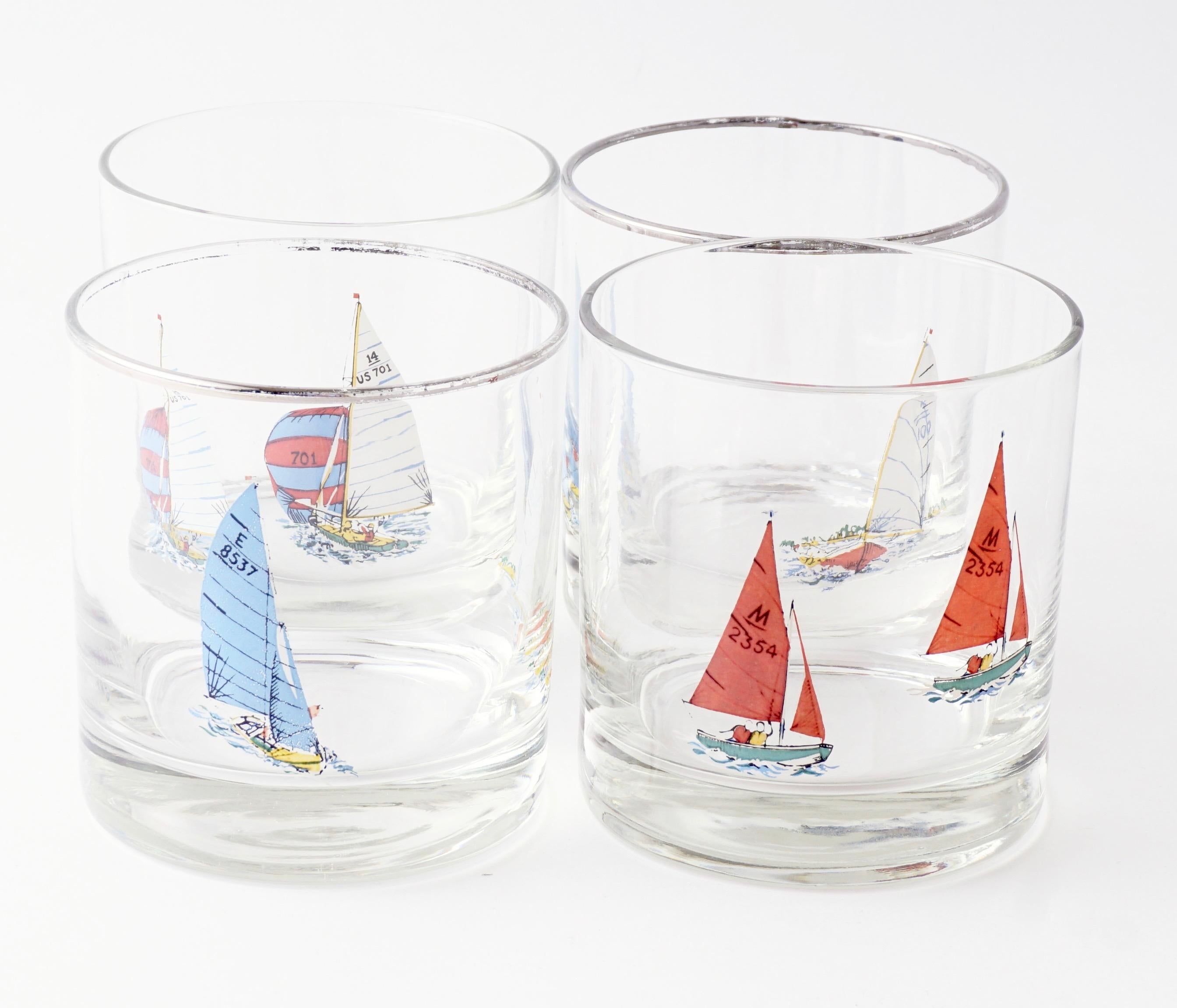 Nautical Rocks Glasses with Hand Painted Sailboats and Silver Rim, Set of 4 In Good Condition In Wilton, CT