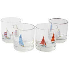Nautical Rocks Glasses with Hand Painted Sailboats and Silver Rim, Set of 4